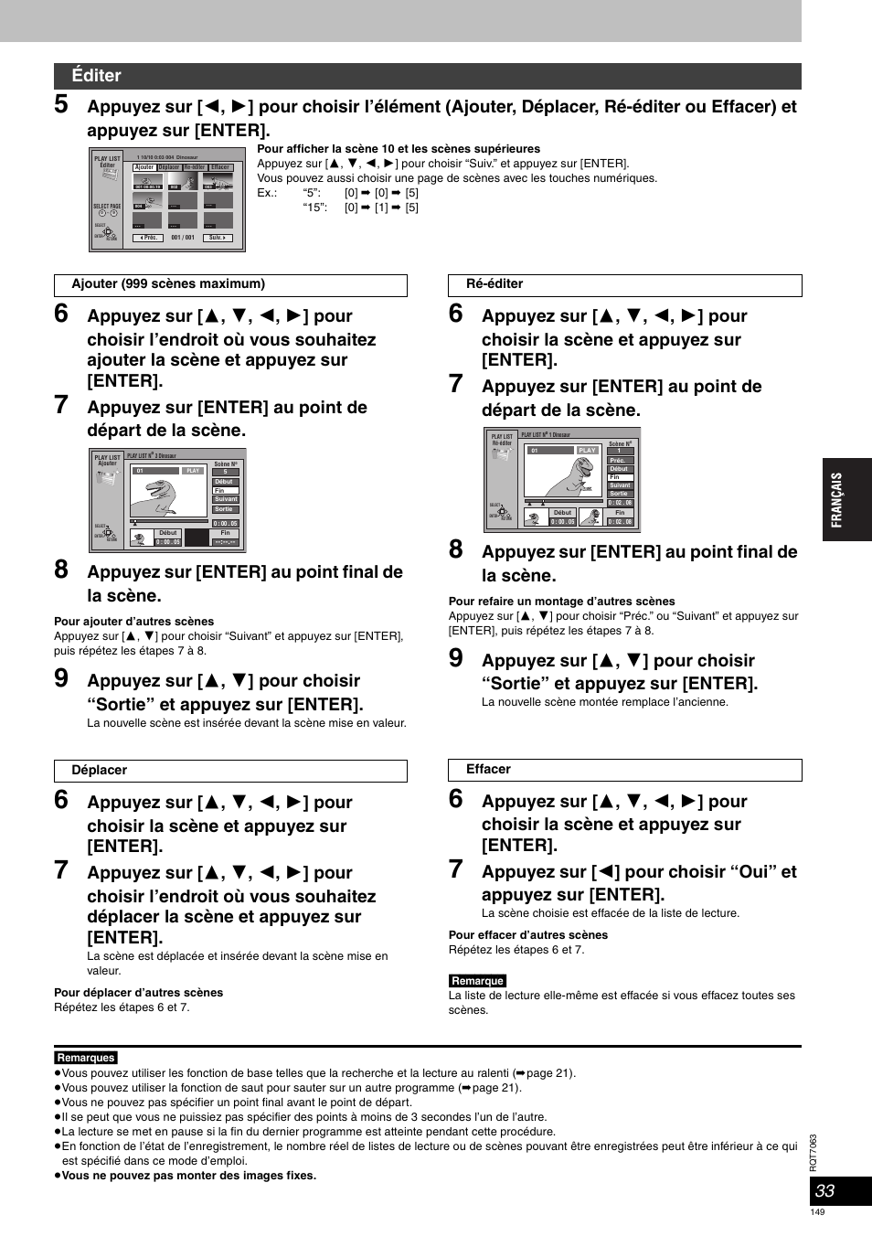 Appuyez sur [enter] au point de départ de la scène, Appuyez sur [enter] au point final de la scène, Éditer | Panasonic SCHT1000 User Manual | Page 149 / 176
