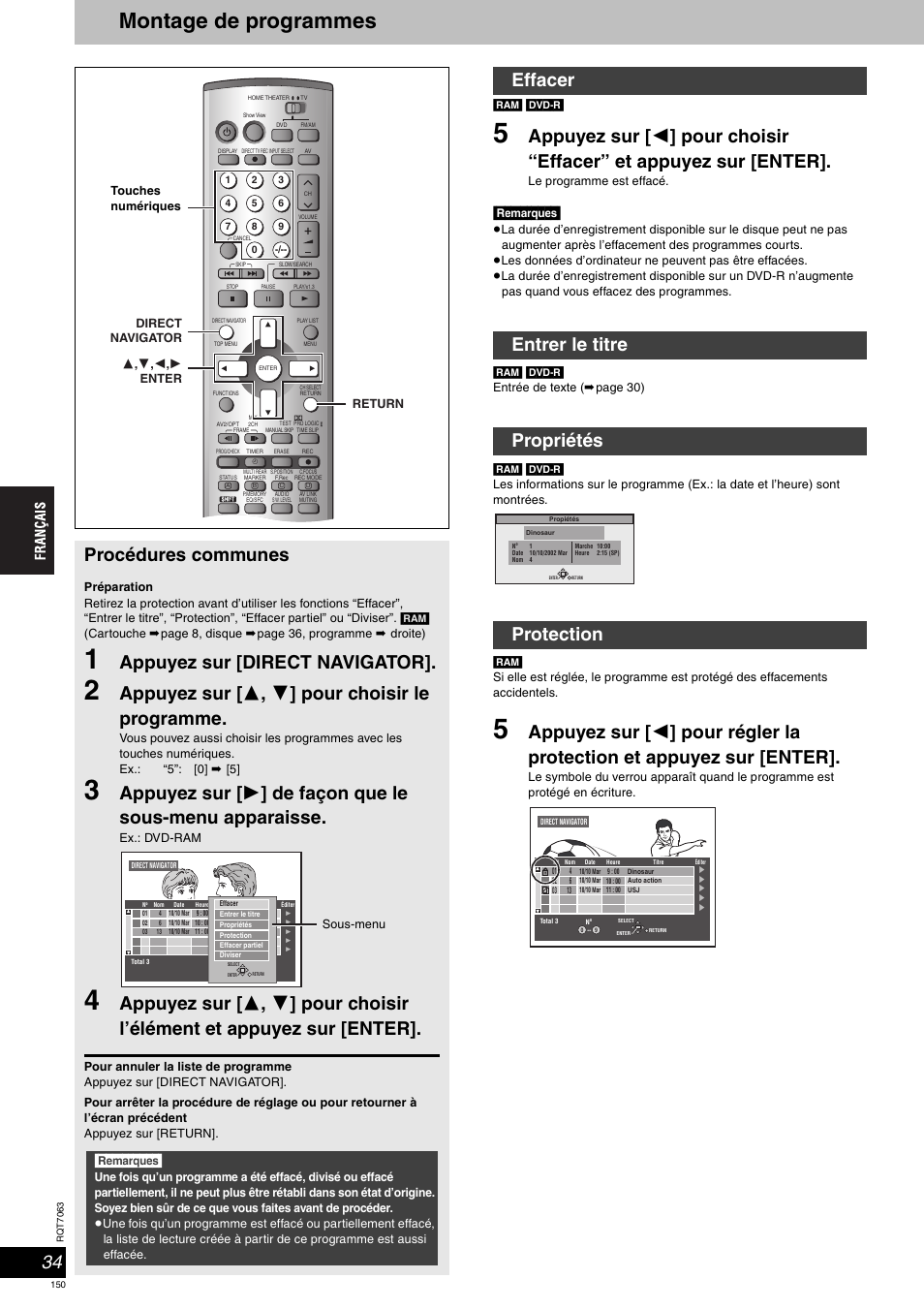Montage de programmes, Procédures communes, Appuyez sur [direct navigator | Appuyez sur [ 3 , 4 ] pour choisir le programme, Effacer entrer le titre propriétés protection, Remarques | Panasonic SCHT1000 User Manual | Page 150 / 176