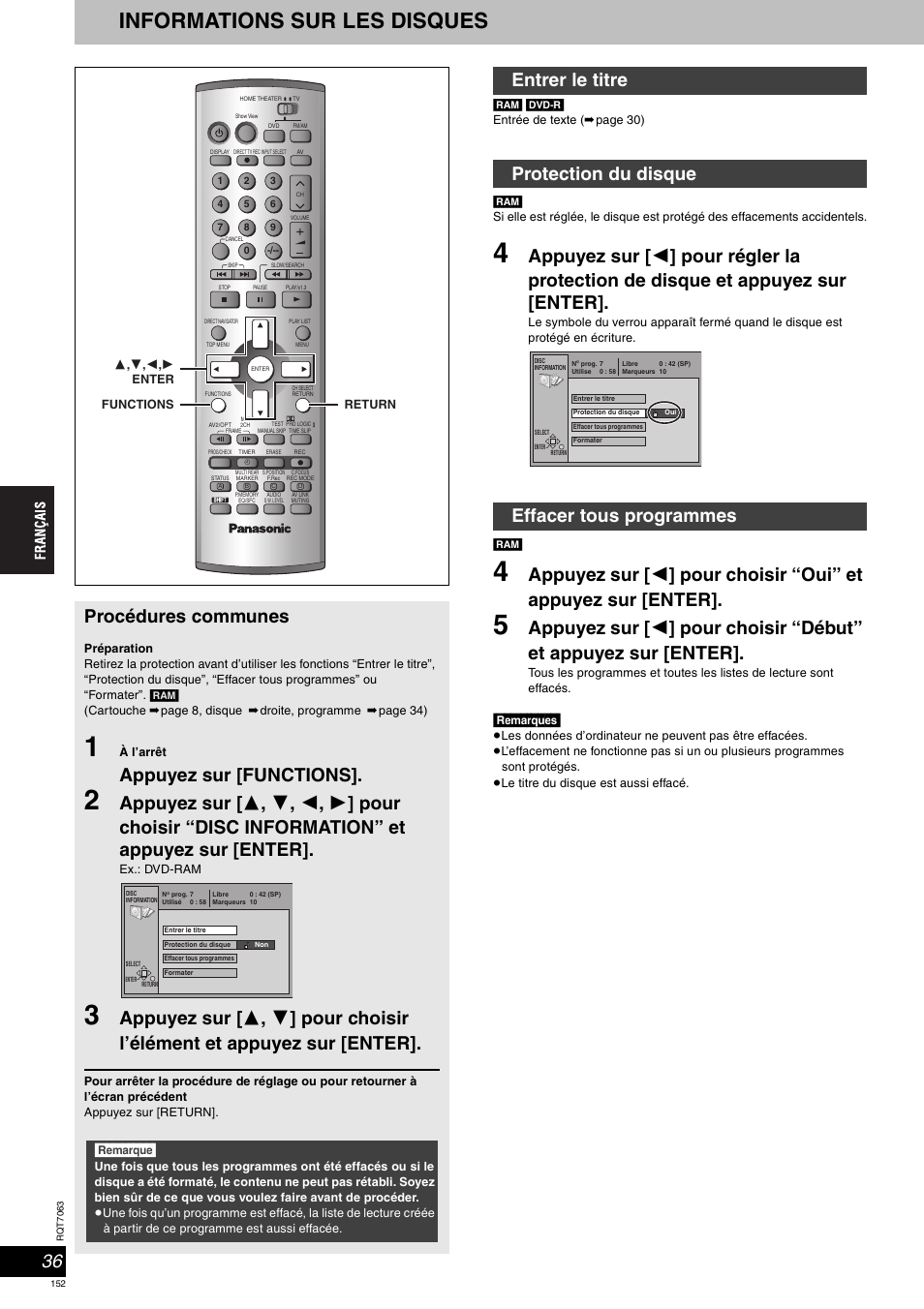 Informations sur les disques, Procédures communes, Appuyez sur [functions | Panasonic SCHT1000 User Manual | Page 152 / 176