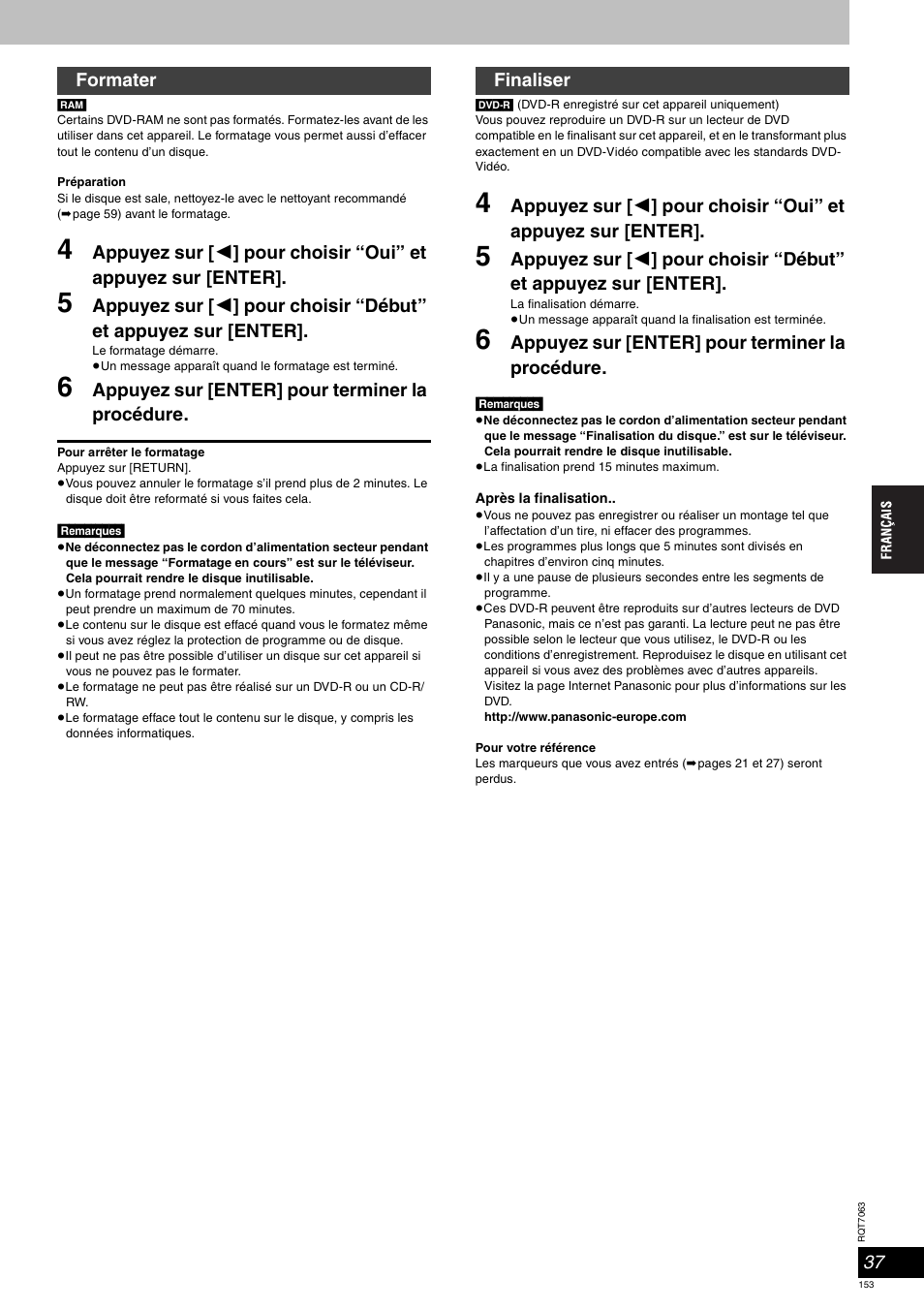 Appuyez sur [enter] pour terminer la procédure, Formater finaliser | Panasonic SCHT1000 User Manual | Page 153 / 176
