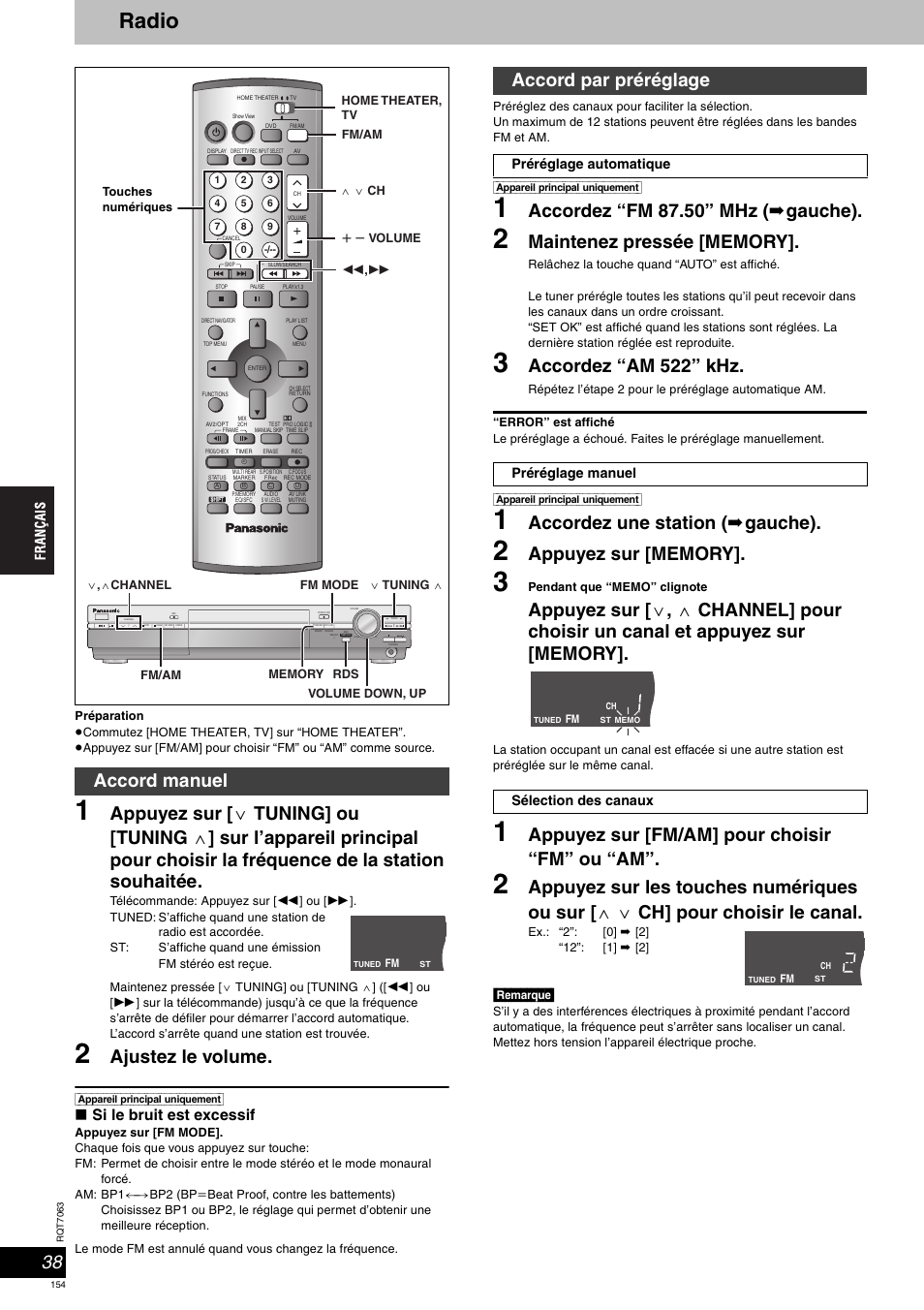 Radio, Ajustez le volume, Accordez “fm 87.50” mhz ( ➡ gauche) | Accordez “am 522” khz, Accordez une station ( ➡ gauche), Appuyez sur [fm/am] pour choisir “fm” ou “am, Accord manuel, Accord par préréglage, Si le bruit est excessif | Panasonic SCHT1000 User Manual | Page 154 / 176