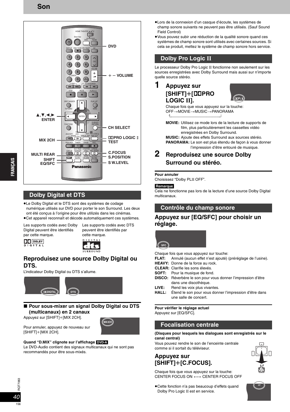 Reproduisez une source dolby digital ou dts, Appuyez sur [shift] r [ î pro logic ii, Reproduisez une source dolby surround ou stéréo | Appuyez sur [eq/sfc] pour choisir un réglage, Appuyez sur [shift] r [c.focus, Dolby digital et dts | Panasonic SCHT1000 User Manual | Page 156 / 176