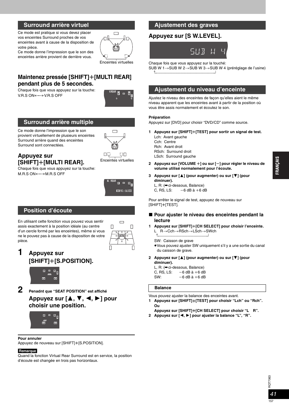 Appuyez sur [shift] r [multi rear, Appuyez sur [shift] r [s.position, Appuyez sur [s w.level | Panasonic SCHT1000 User Manual | Page 157 / 176