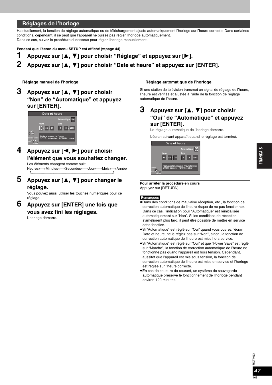 Appuyez sur [ 3 , 4 ] pour changer le réglage, Réglages de l’horloge | Panasonic SCHT1000 User Manual | Page 163 / 176