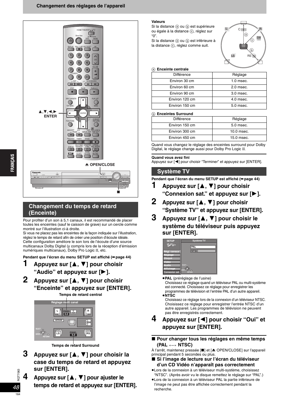 Changement du temps de retard (enceinte), Système tv, Changement des réglages de l’appareil | Pour changer tous les réglages en même temps (pal, Ntsc) | Panasonic SCHT1000 User Manual | Page 164 / 176