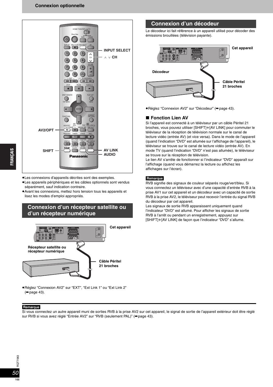 Connexion d’un décodeur, Connexion optionnelle, Fonction lien av | Remarque, Av link input select w x ch av2/opt shift audio, Câble péritel 21 broches décodeur cet appareil | Panasonic SCHT1000 User Manual | Page 166 / 176