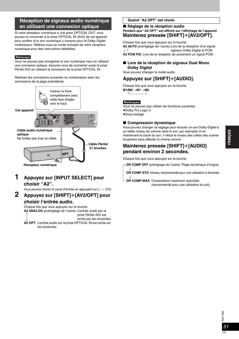 Appuyez sur [input select] pour choisir “a2, Maintenez pressée [shift] r [av2/opt, Appuyez sur [shift] r [audio | Panasonic SCHT1000 User Manual | Page 167 / 176