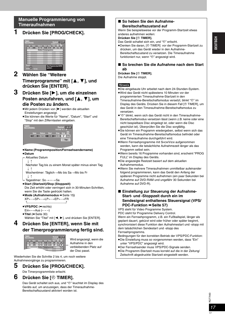 Drücken sie [prog/check, Drücken sie [ f timer, Manuelle programmierung von timeraufnahmen | So brechen sie die aufnahme nach dem start ab | Panasonic SCHT1000 User Manual | Page 17 / 176