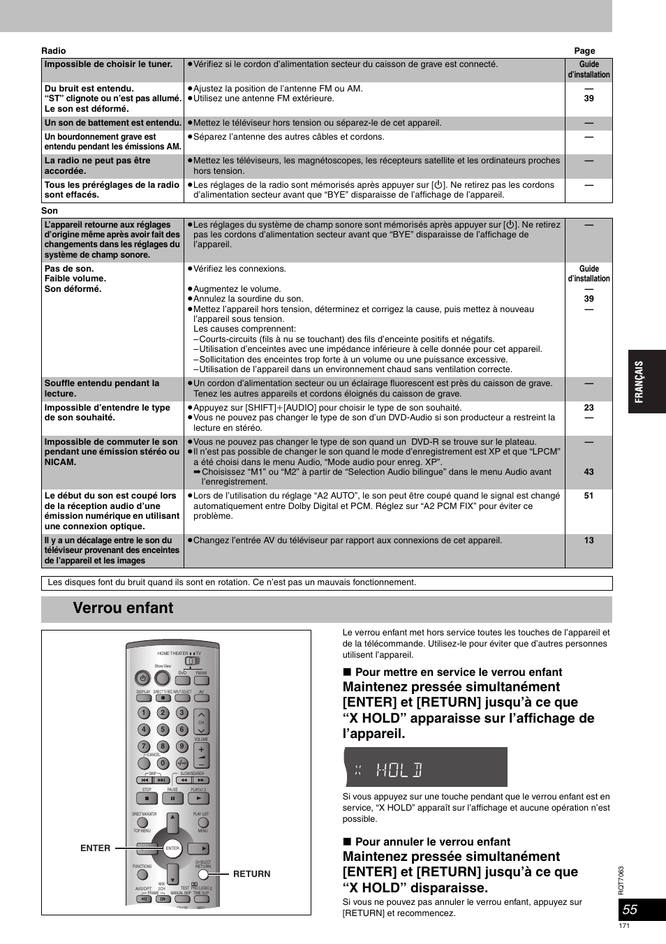 Verrou enfant, Pour mettre en service le verrou enfant, Pour annuler le verrou enfant | Panasonic SCHT1000 User Manual | Page 171 / 176