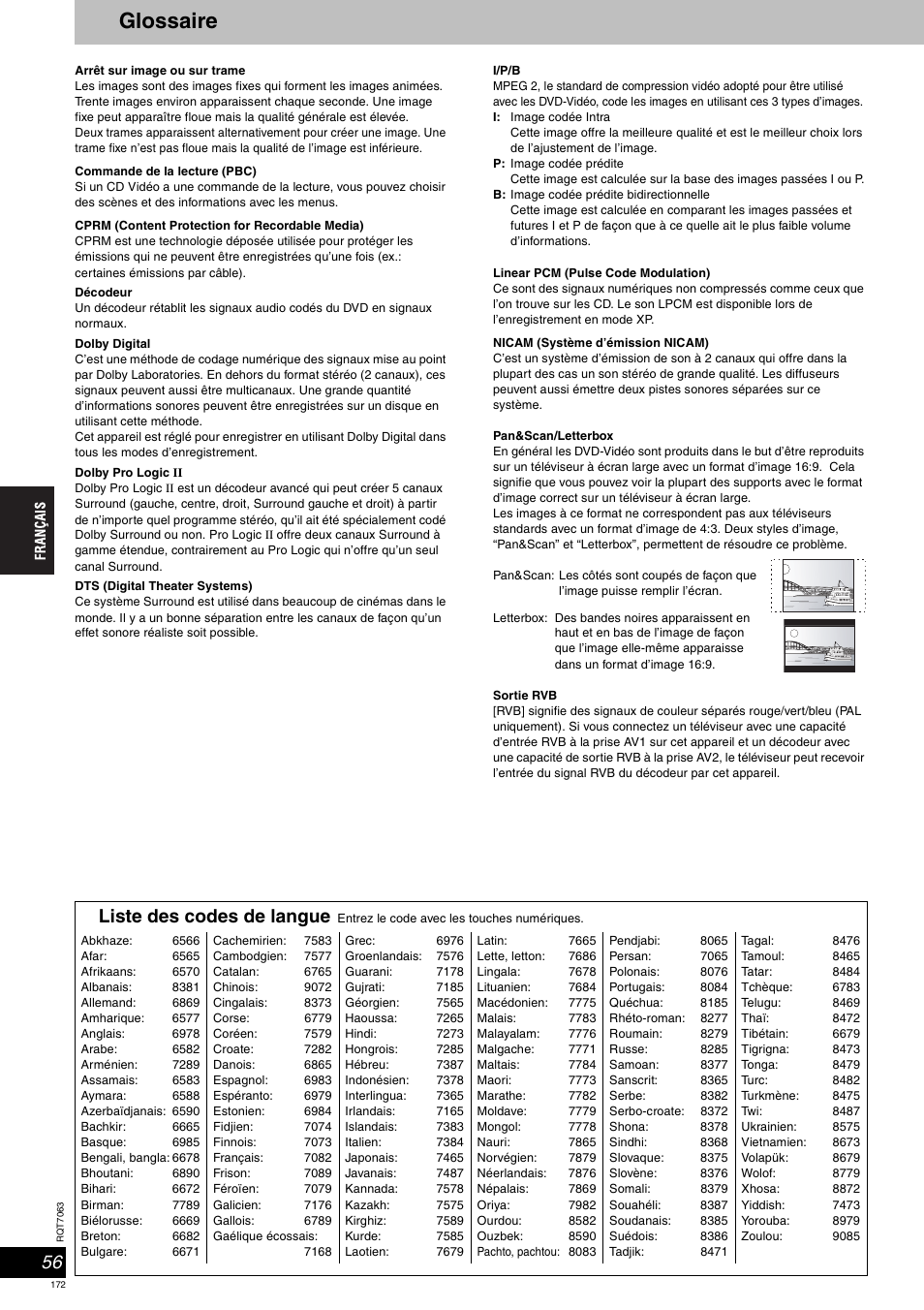 Glossaire, Liste des codes de langue | Panasonic SCHT1000 User Manual | Page 172 / 176