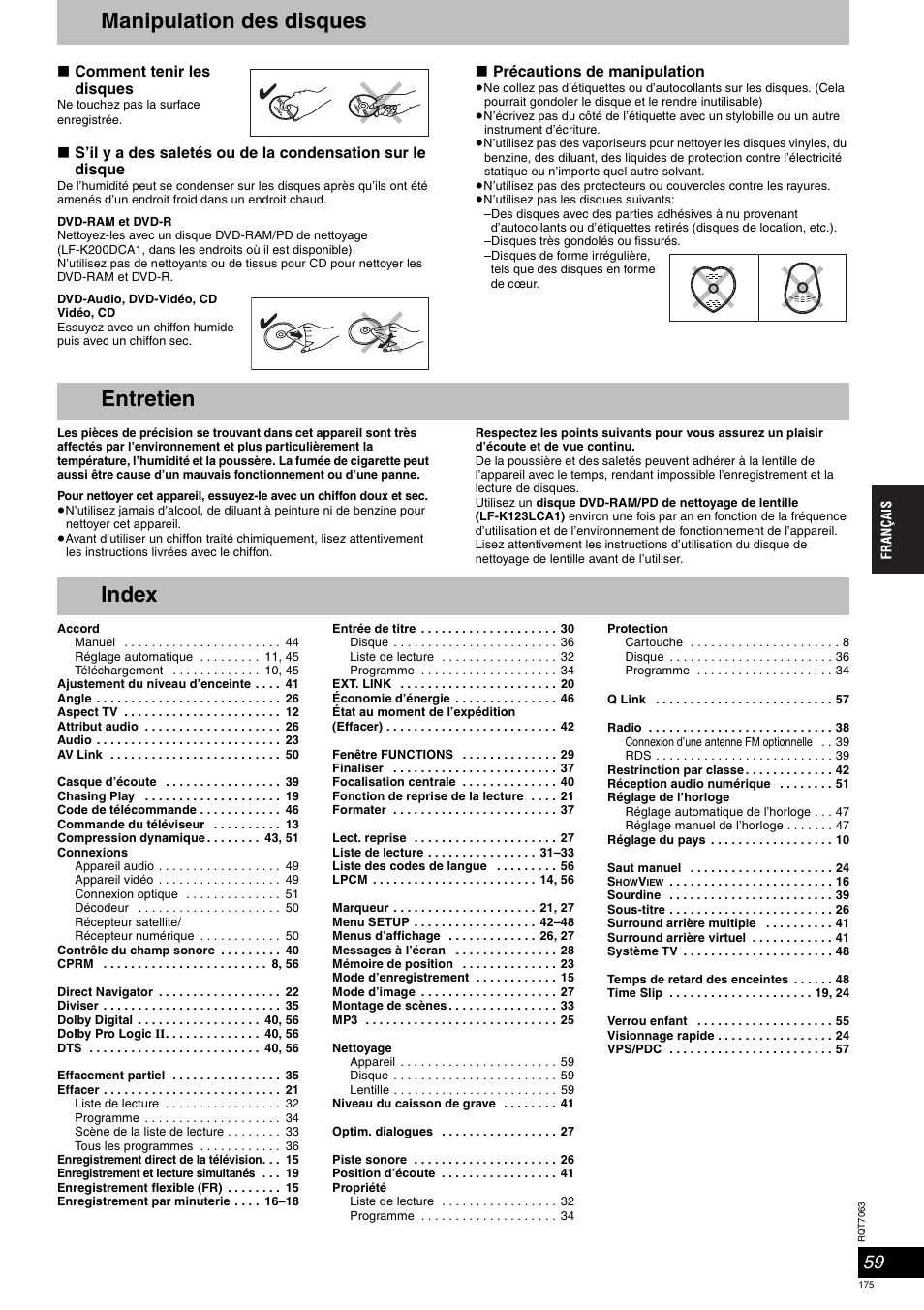 Manipulation des disques, Entretien, Index | Panasonic SCHT1000 User Manual | Page 175 / 176