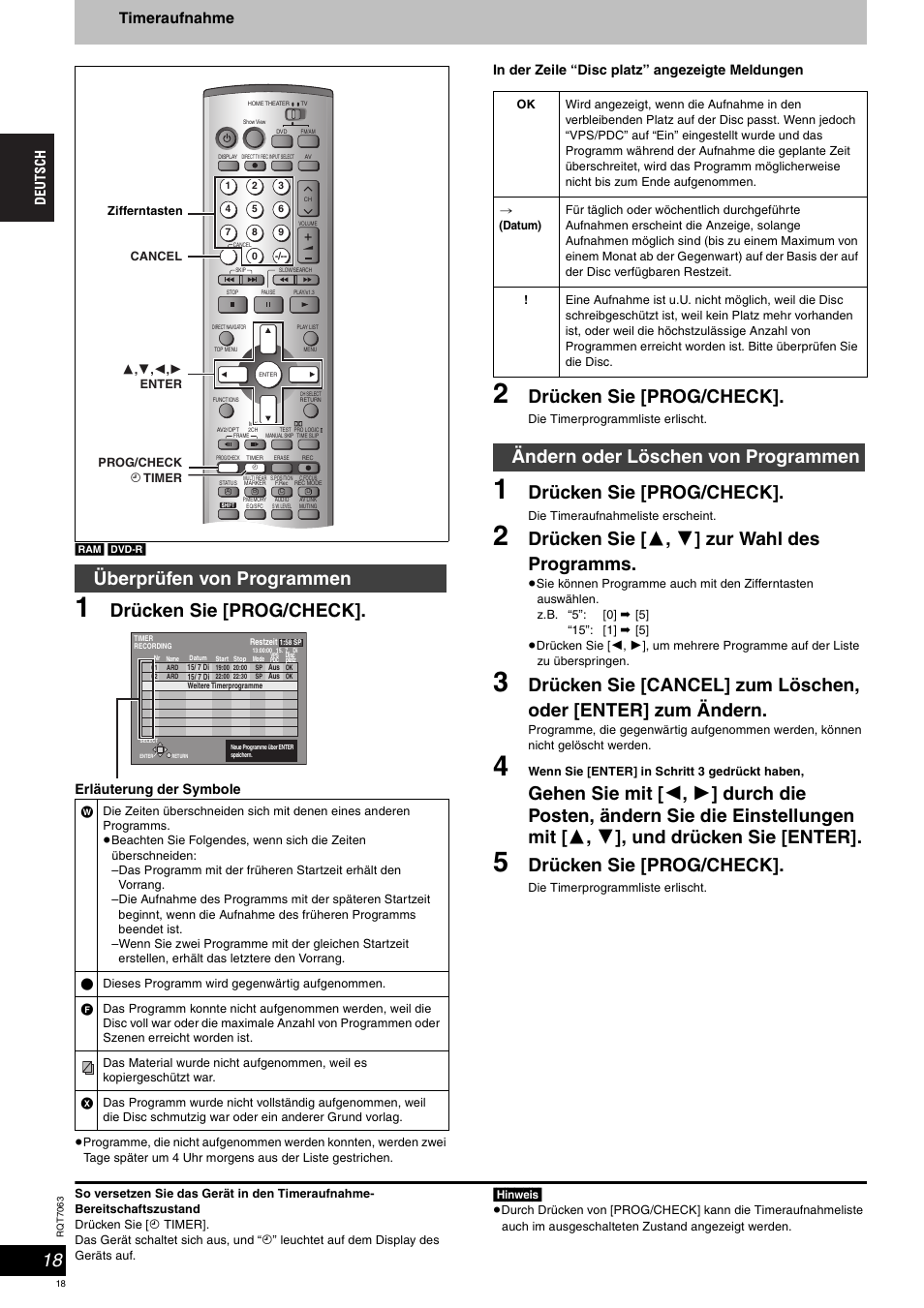 Drücken sie [prog/check, Drücken sie [ 3 , 4 ] zur wahl des programms, Überprüfen von programmen | Ändern oder löschen von programmen, Timeraufnahme | Panasonic SCHT1000 User Manual | Page 18 / 176