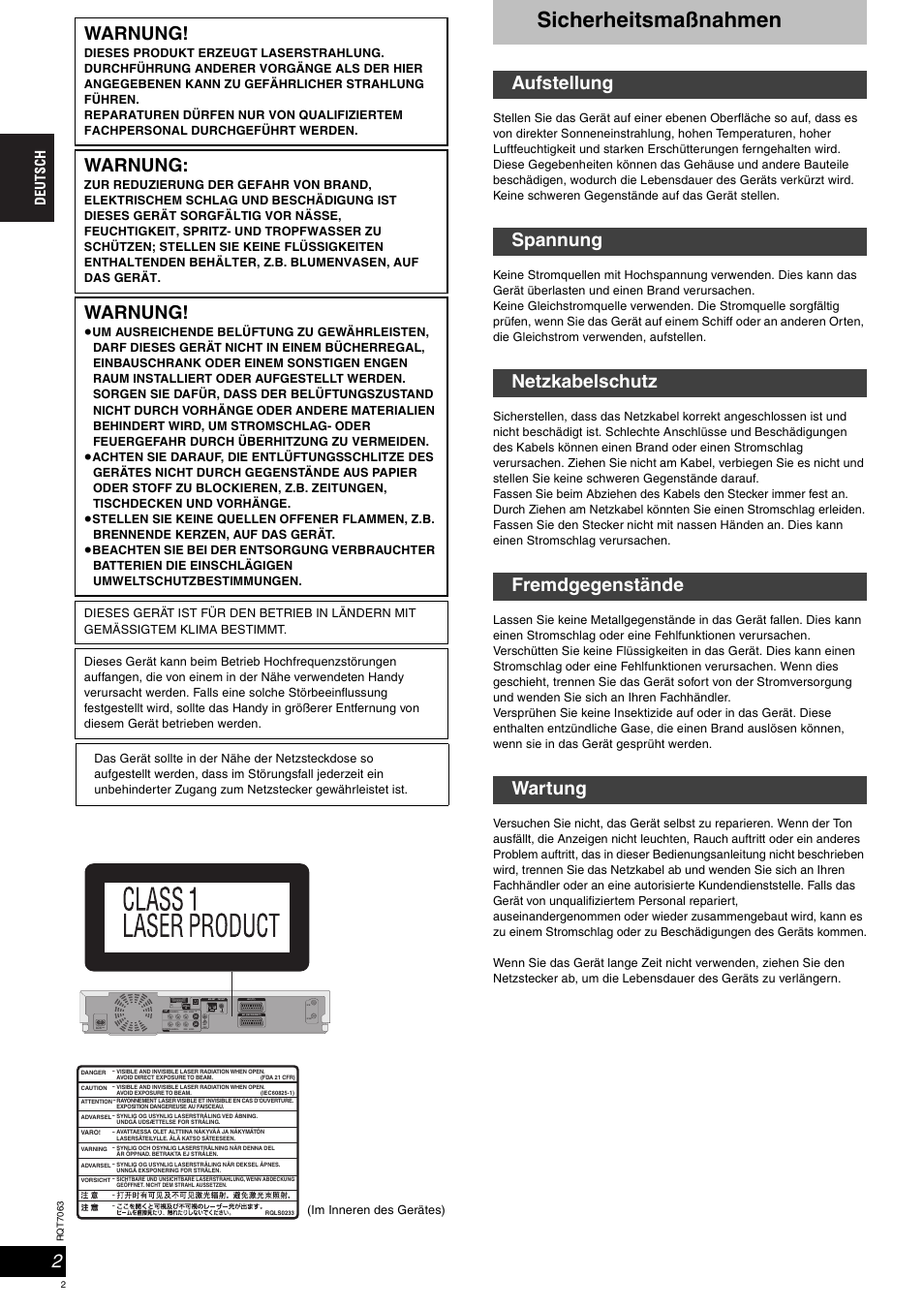 Sicherheitsmaßnahmen, Warnung, Im inneren des gerätes) | Panasonic SCHT1000 User Manual | Page 2 / 176