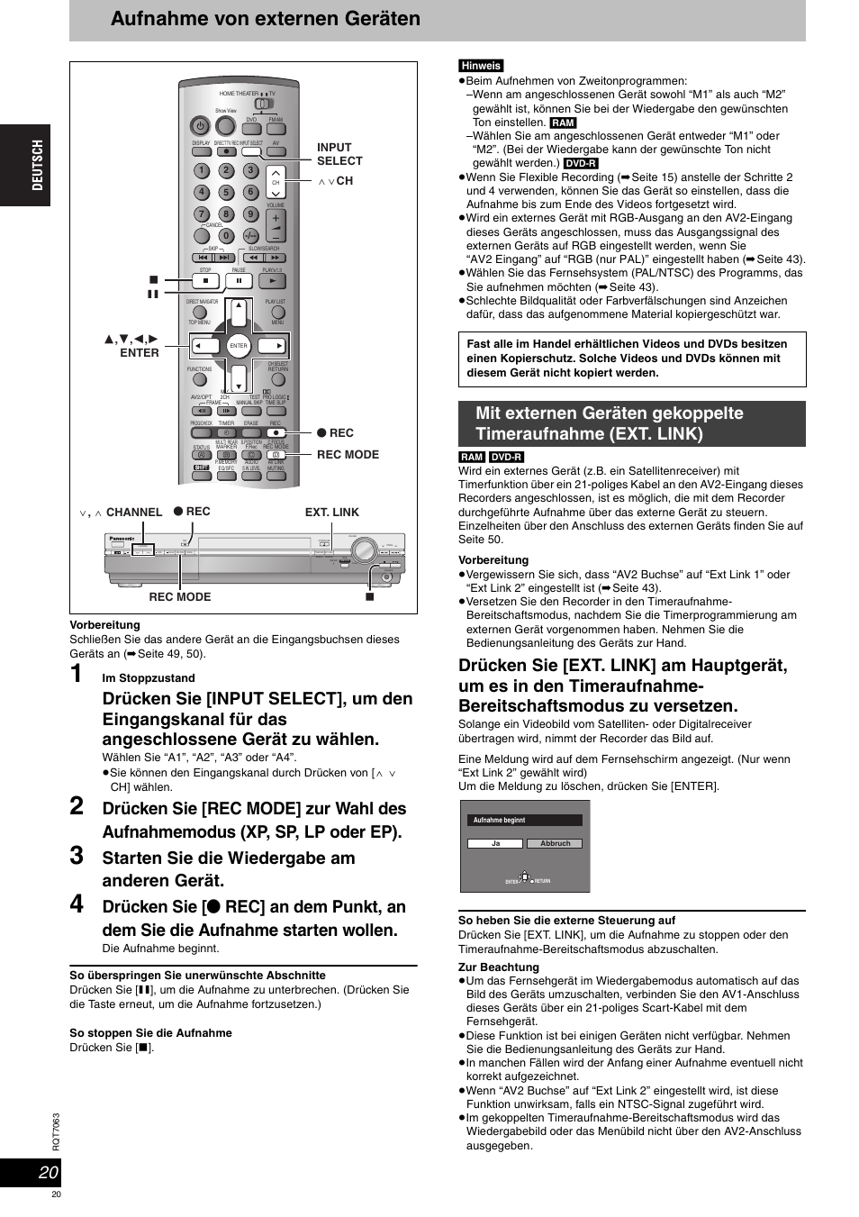 Aufnahme von externen geräten, Starten sie die wiedergabe am anderen gerät, Hinweis | Down | Panasonic SCHT1000 User Manual | Page 20 / 176