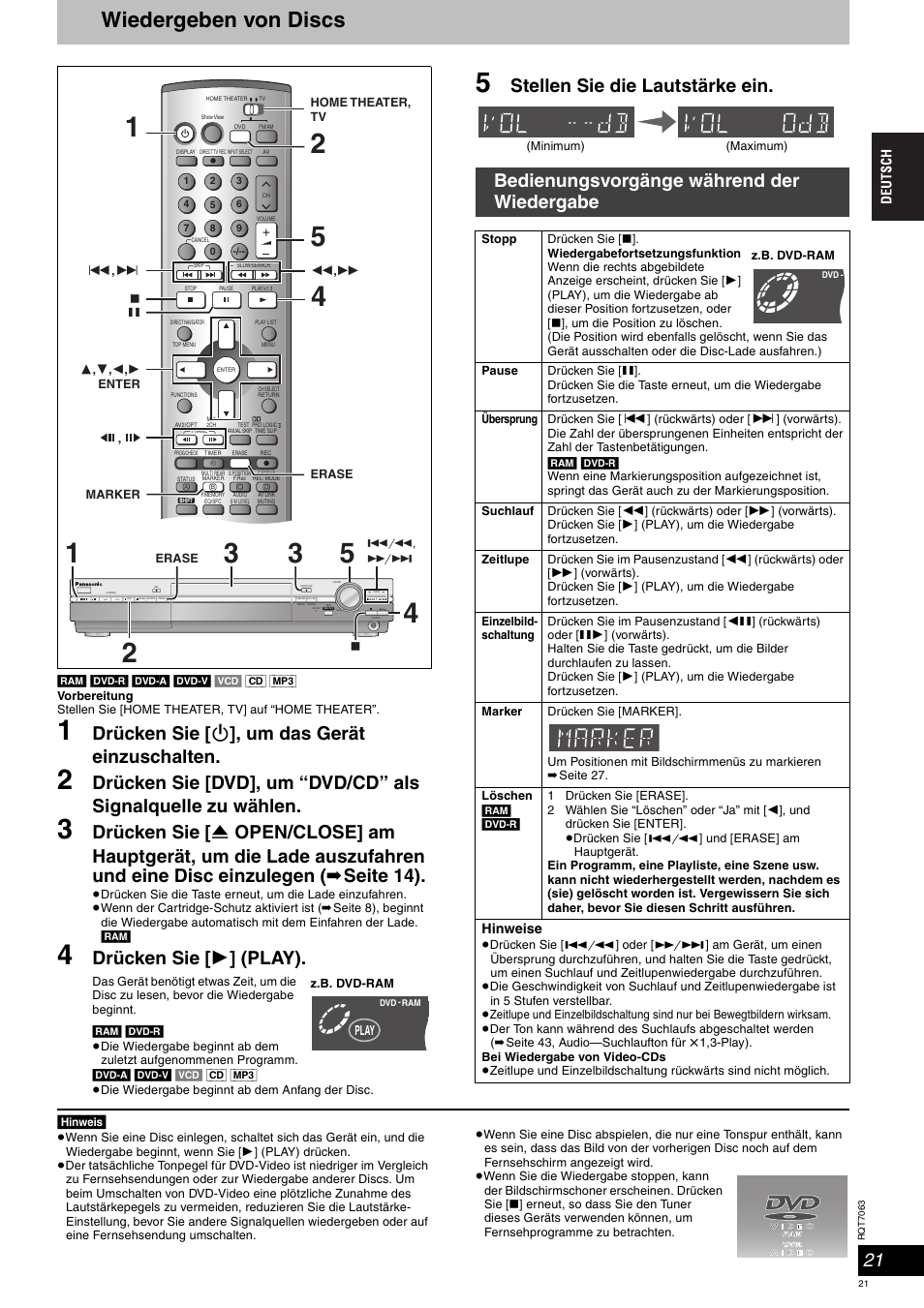 Wiedergeben von discs, Drücken sie [ í ], um das gerät einzuschalten, Drücken sie [ 1 ] (play) | Stellen sie die lautstärke ein, Bedienungsvorgänge während der wiedergabe | Panasonic SCHT1000 User Manual | Page 21 / 176