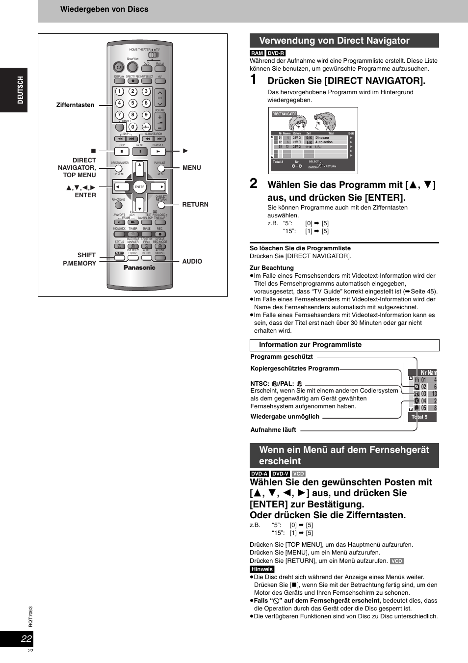 Drücken sie [direct navigator, Verwendung von direct navigator, Wenn ein menü auf dem fernsehgerät erscheint | Wiedergeben von discs, Hinweis, Information zur programmliste | Panasonic SCHT1000 User Manual | Page 22 / 176