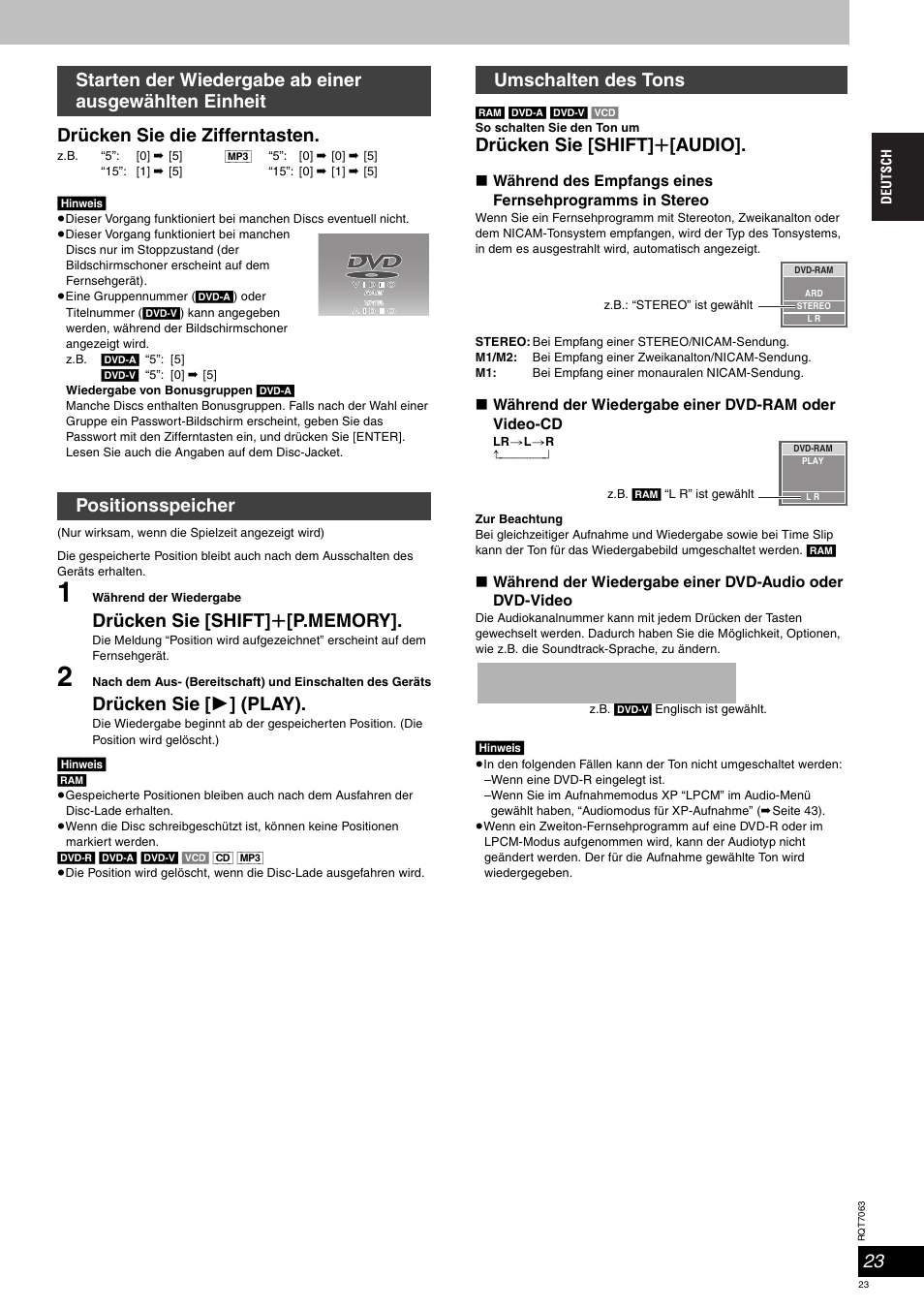 Drücken sie die zifferntasten, Drücken sie [ 1 ] (play), Drücken sie [shift] r [audio | Panasonic SCHT1000 User Manual | Page 23 / 176