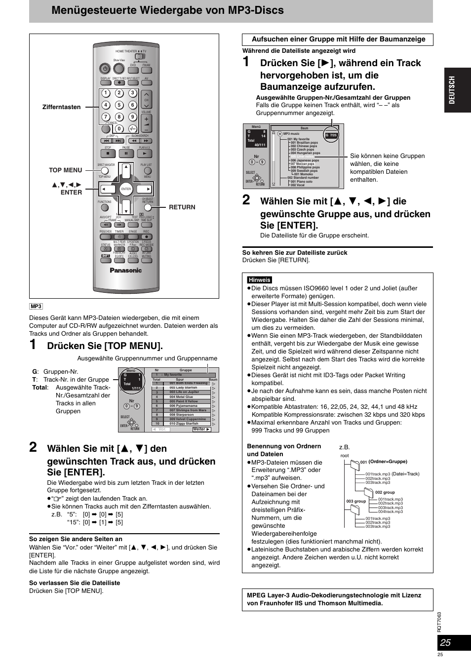 Menügesteuerte wiedergabe von mp3-discs, Drücken sie [top menu | Panasonic SCHT1000 User Manual | Page 25 / 176