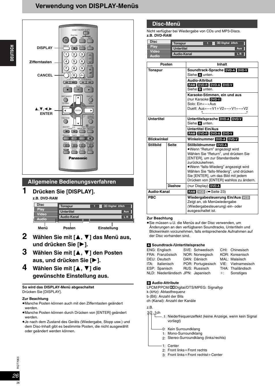 Verwendung von display-menüs, Drücken sie [display, Allgemeine bedienungsverfahren | Disc-menü | Panasonic SCHT1000 User Manual | Page 26 / 176