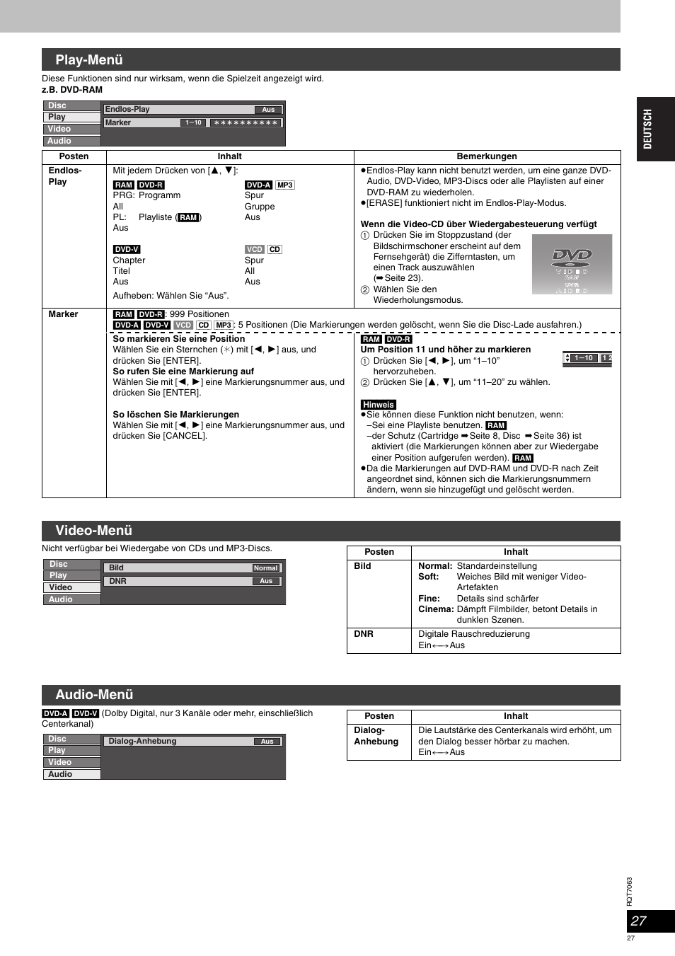 Play-menü, Video-menü, Audio-menü | Panasonic SCHT1000 User Manual | Page 27 / 176