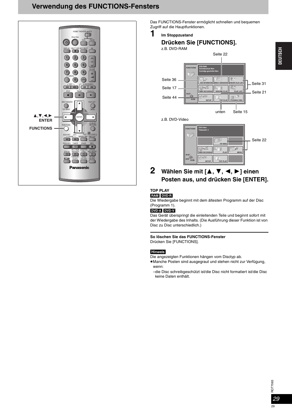 Verwendung des functions-fensters, Drücken sie [functions, Hinweis | Panasonic SCHT1000 User Manual | Page 29 / 176