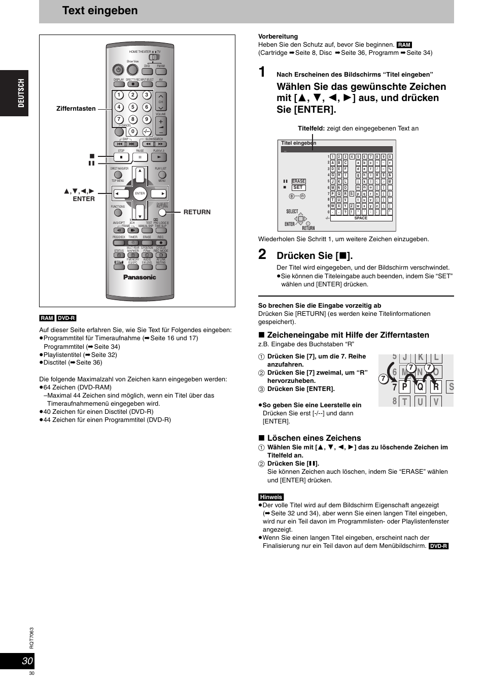 Text eingeben, Drücken sie, Zeicheneingabe mit hilfe der zifferntasten | Löschen eines zeichens, Hinweis | Panasonic SCHT1000 User Manual | Page 30 / 176