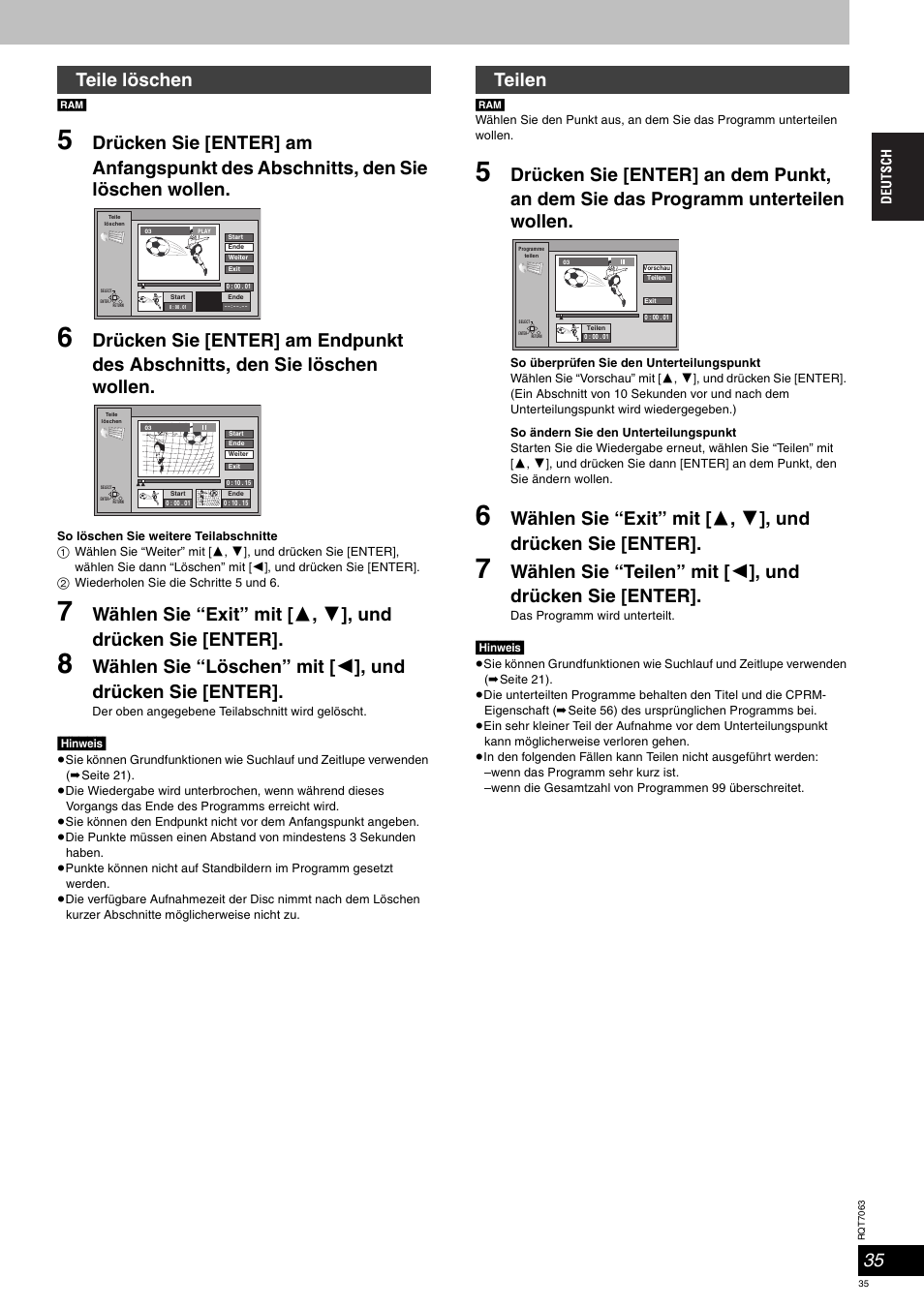 Teile löschen, Teilen | Panasonic SCHT1000 User Manual | Page 35 / 176