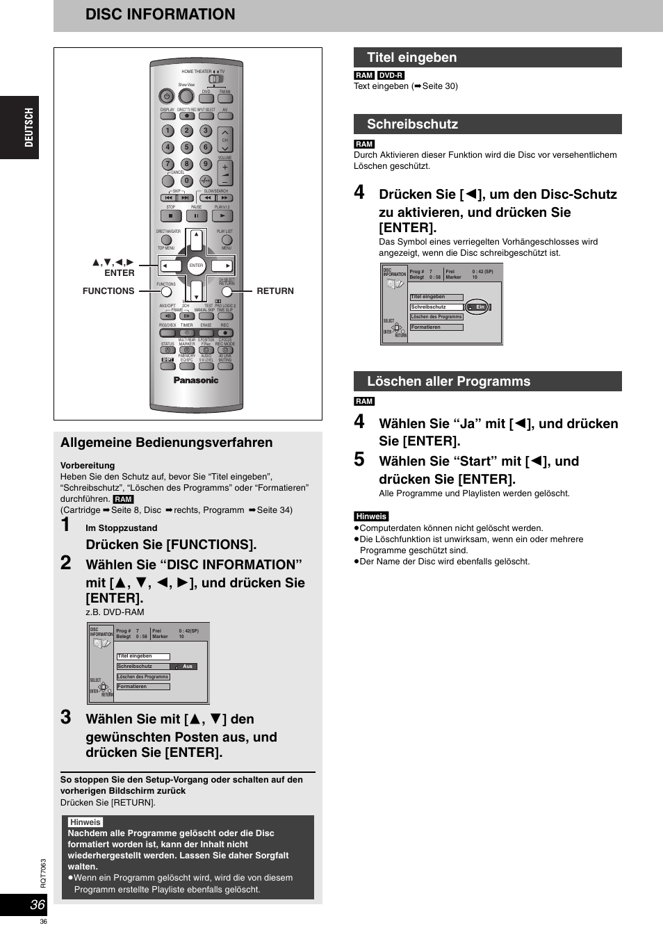 Disc information, Wählen sie “ja” mit [ 2 ], und drücken sie [enter, Allgemeine bedienungsverfahren | Drücken sie [functions | Panasonic SCHT1000 User Manual | Page 36 / 176