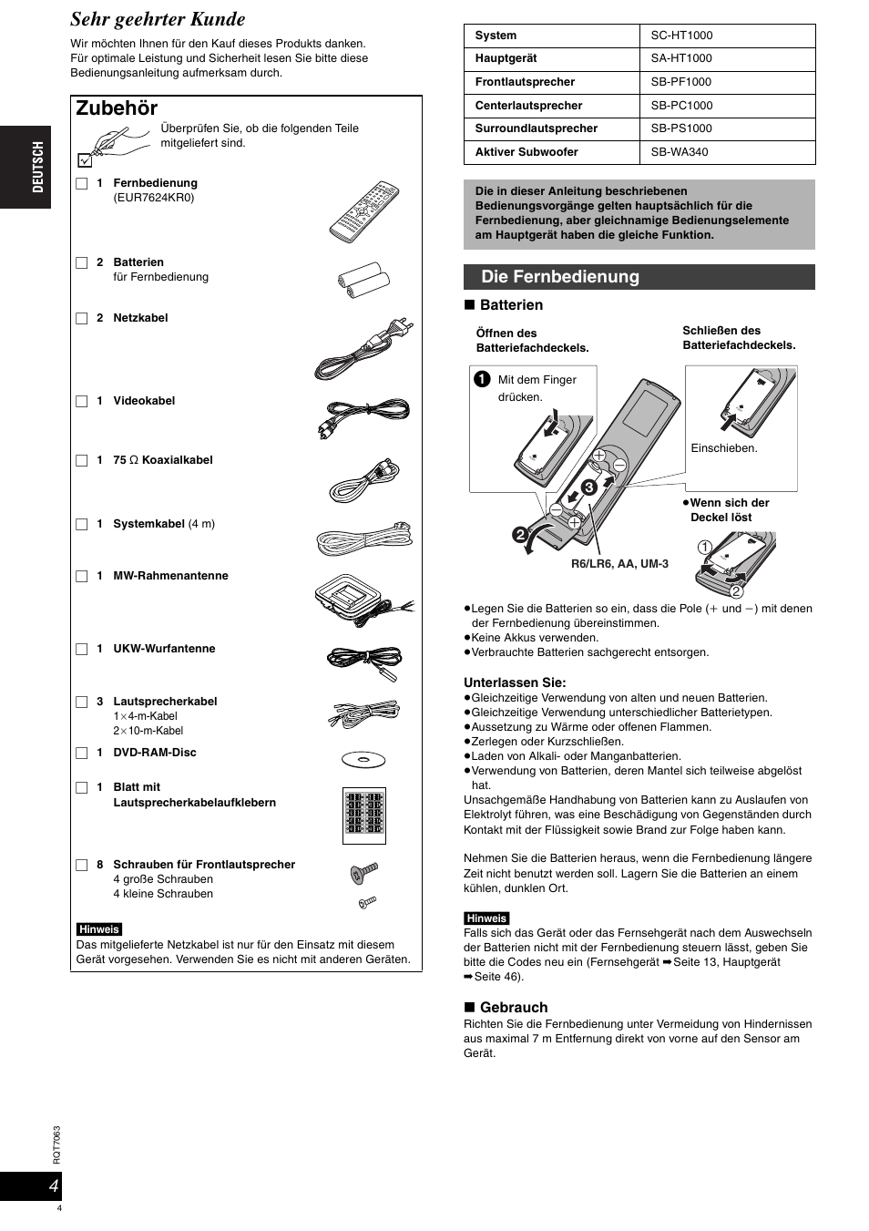 Sehr geehrter kunde, Zubehör, Die fernbedienung | Panasonic SCHT1000 User Manual | Page 4 / 176
