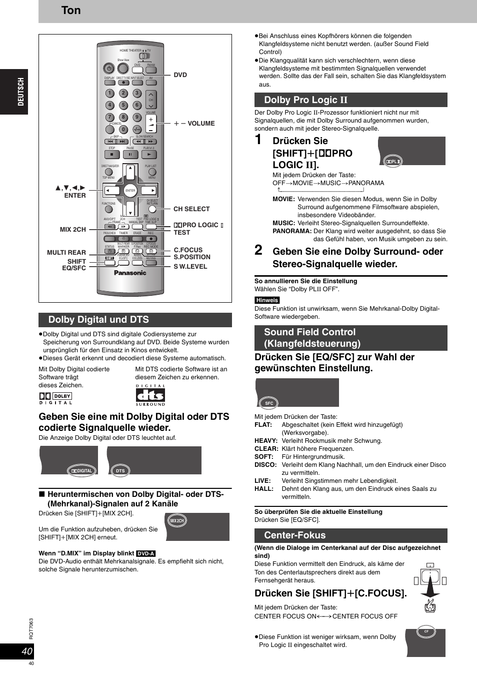 Drücken sie [shift] r [ î pro logic ii, Drücken sie [shift] r [c.focus, Dolby digital und dts | Panasonic SCHT1000 User Manual | Page 40 / 176