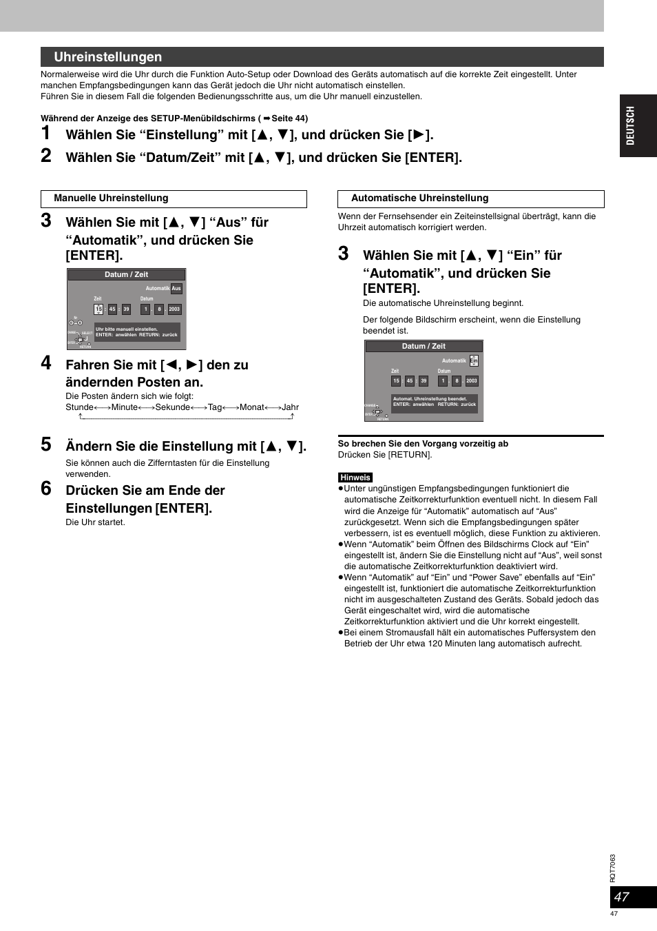 Ändern sie die einstellung mit [ 3 , 4, Drücken sie am ende der einstellungen, Enter | Uhreinstellungen | Panasonic SCHT1000 User Manual | Page 47 / 176
