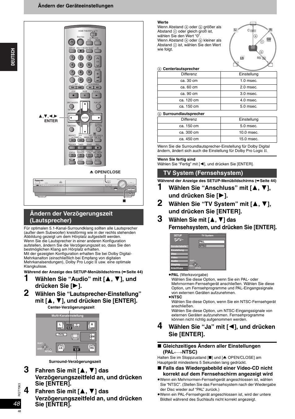 Wählen sie “ja” mit [ 2 ], und drücken sie [enter, Ändern der verzögerungszeit (lautsprecher), Tv system (fernsehsystem) | Ändern der geräteeinstellungen, Gleichzeitiges ändern aller einstellungen (pal, Ntsc) | Panasonic SCHT1000 User Manual | Page 48 / 176