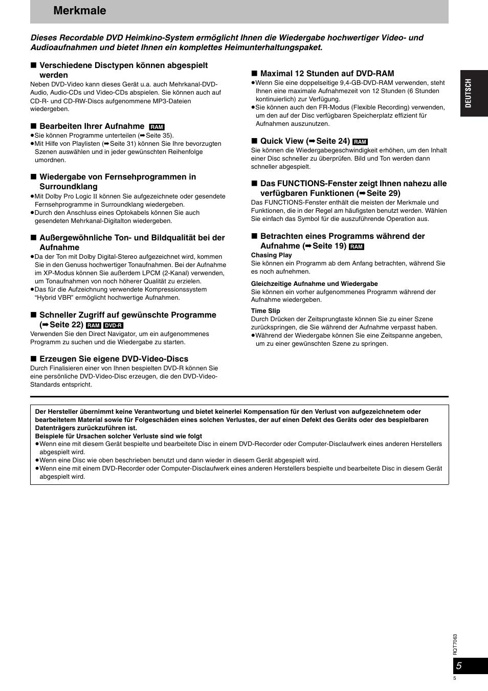 Merkmale | Panasonic SCHT1000 User Manual | Page 5 / 176