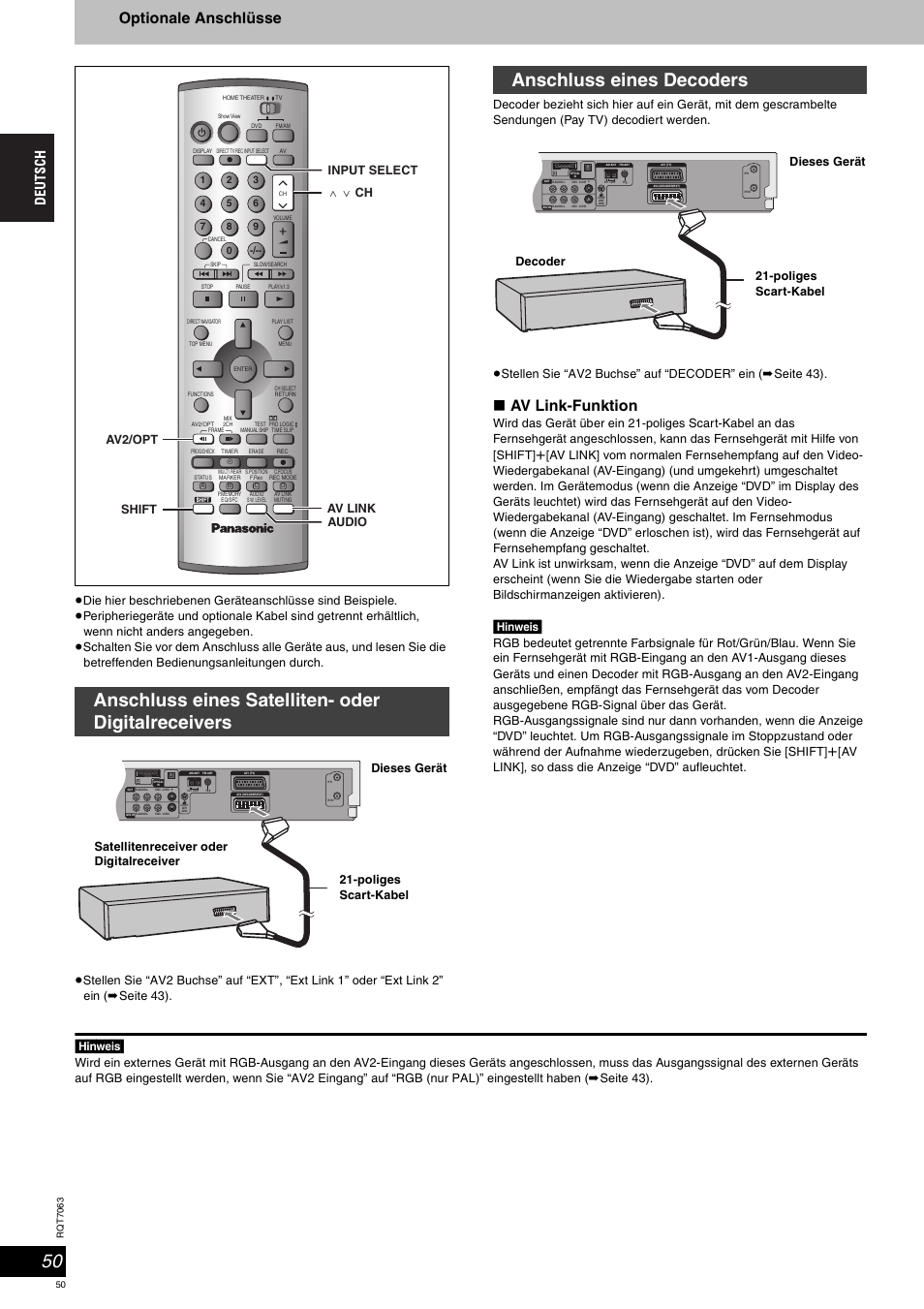 Anschluss eines satelliten- oder digitalreceivers, Anschluss eines decoders, Optionale anschlüsse | Av link-funktion, Hinweis, Av link input select w x ch av2/opt shift audio, Poliges scart-kabel decoder dieses gerät | Panasonic SCHT1000 User Manual | Page 50 / 176