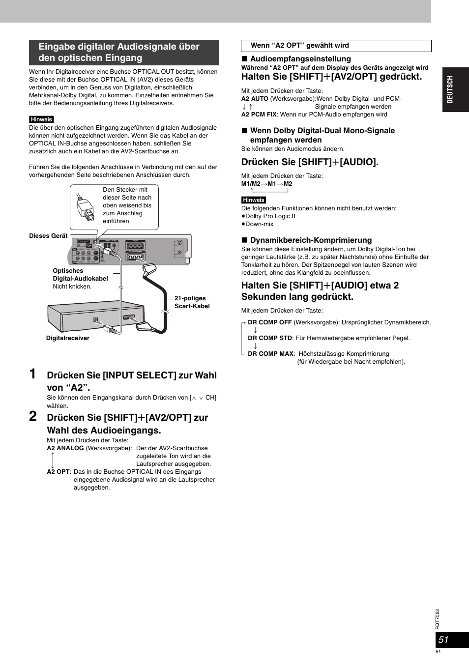 Drücken sie [input select] zur wahl von “a2, Halten sie [shift] r [av2/opt] gedrückt, Drücken sie [shift] r [audio | Panasonic SCHT1000 User Manual | Page 51 / 176