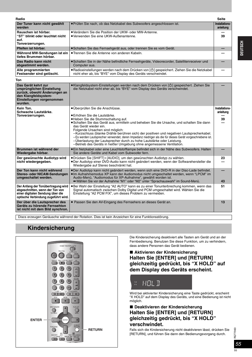 Kindersicherung, Aktivieren der kindersicherung, Deaktivieren der kindersicherung | Panasonic SCHT1000 User Manual | Page 55 / 176