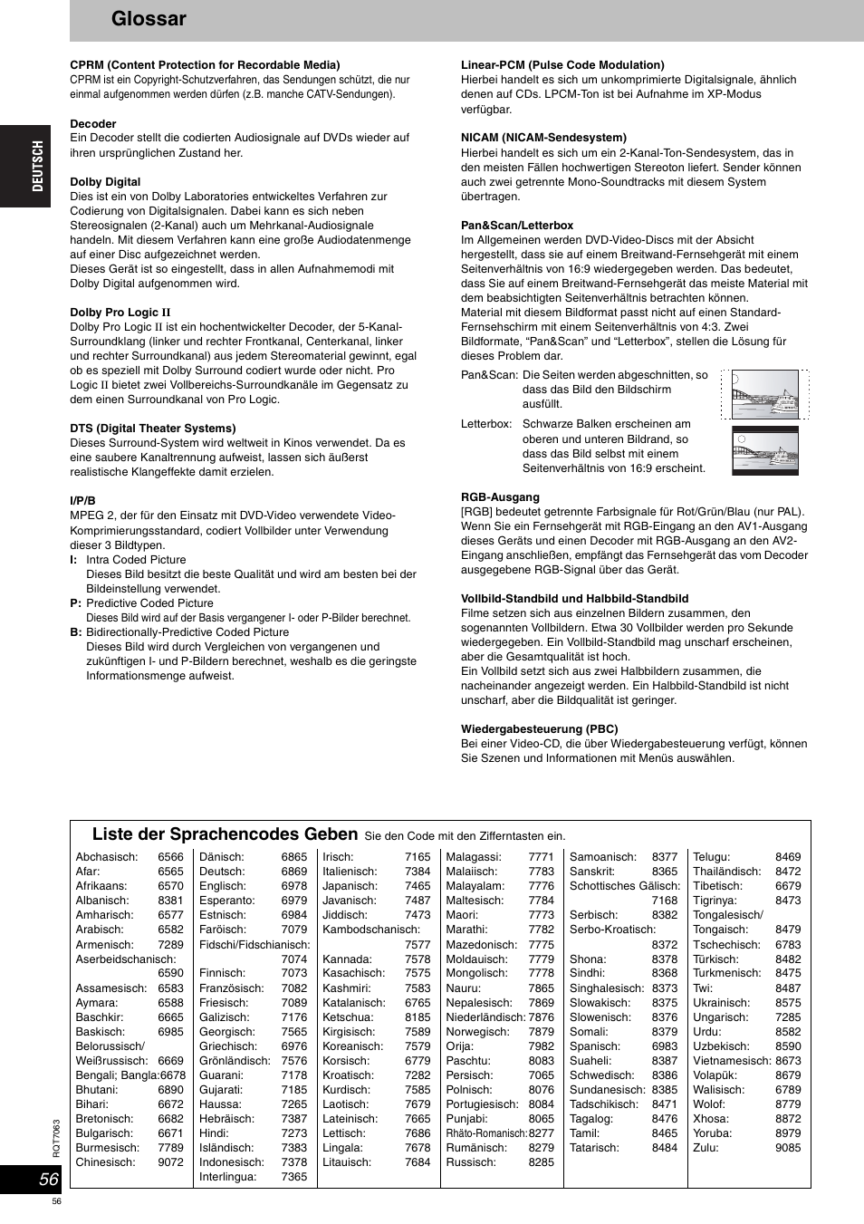 Glossar, Liste der sprachencodes geben | Panasonic SCHT1000 User Manual | Page 56 / 176