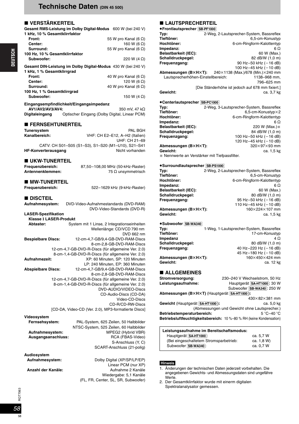 Technische daten | Panasonic SCHT1000 User Manual | Page 58 / 176