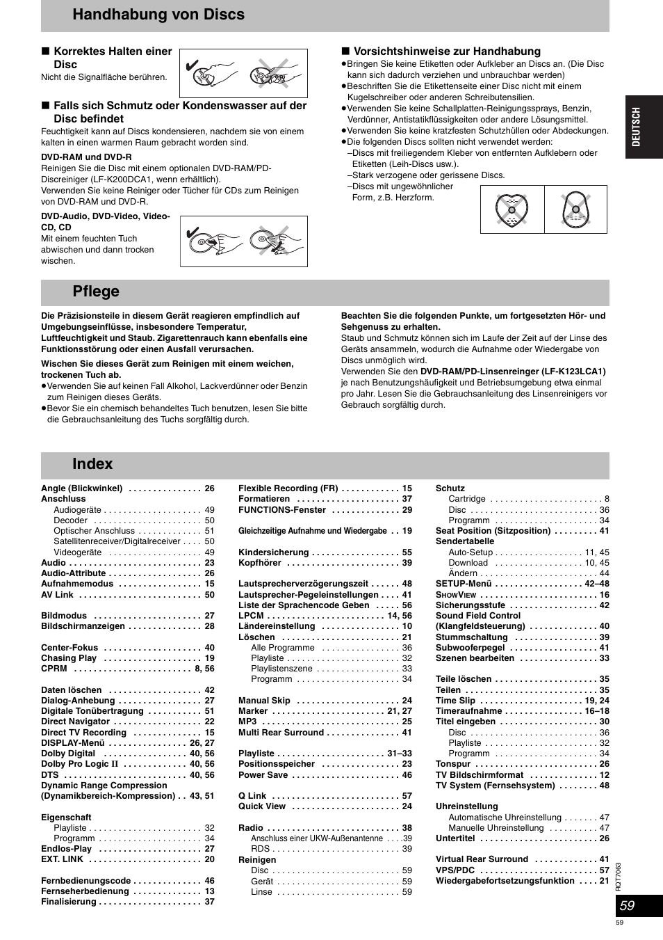 Handhabung von discs, Pflege, Index | Panasonic SCHT1000 User Manual | Page 59 / 176