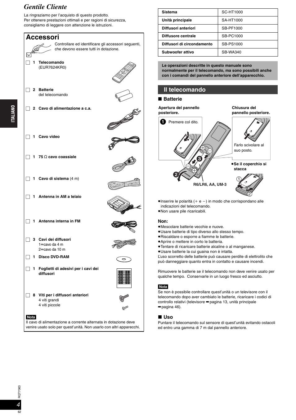 Gentile cliente, Accessori, Il telecomando | Panasonic SCHT1000 User Manual | Page 62 / 176