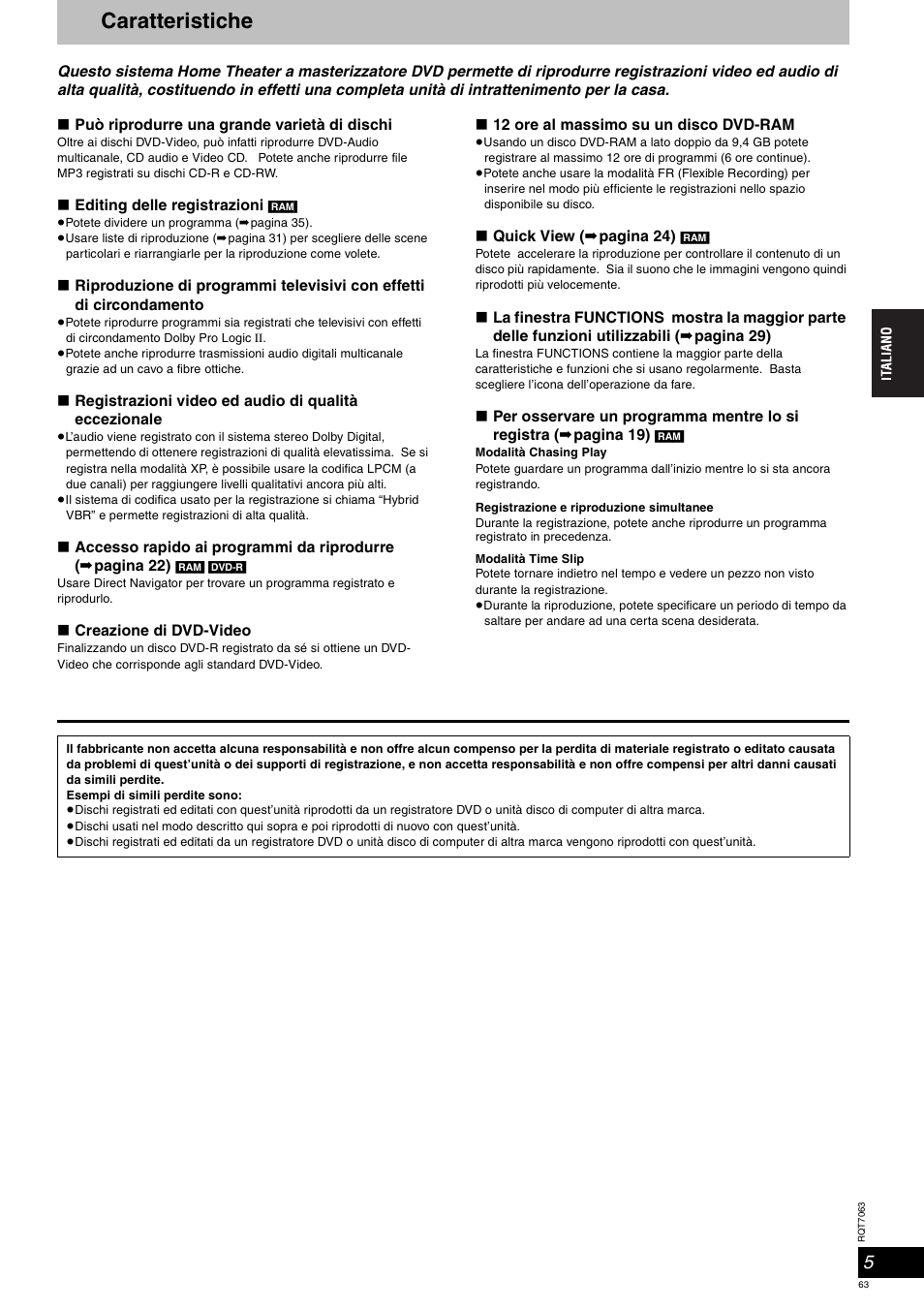 Caratteristiche | Panasonic SCHT1000 User Manual | Page 63 / 176