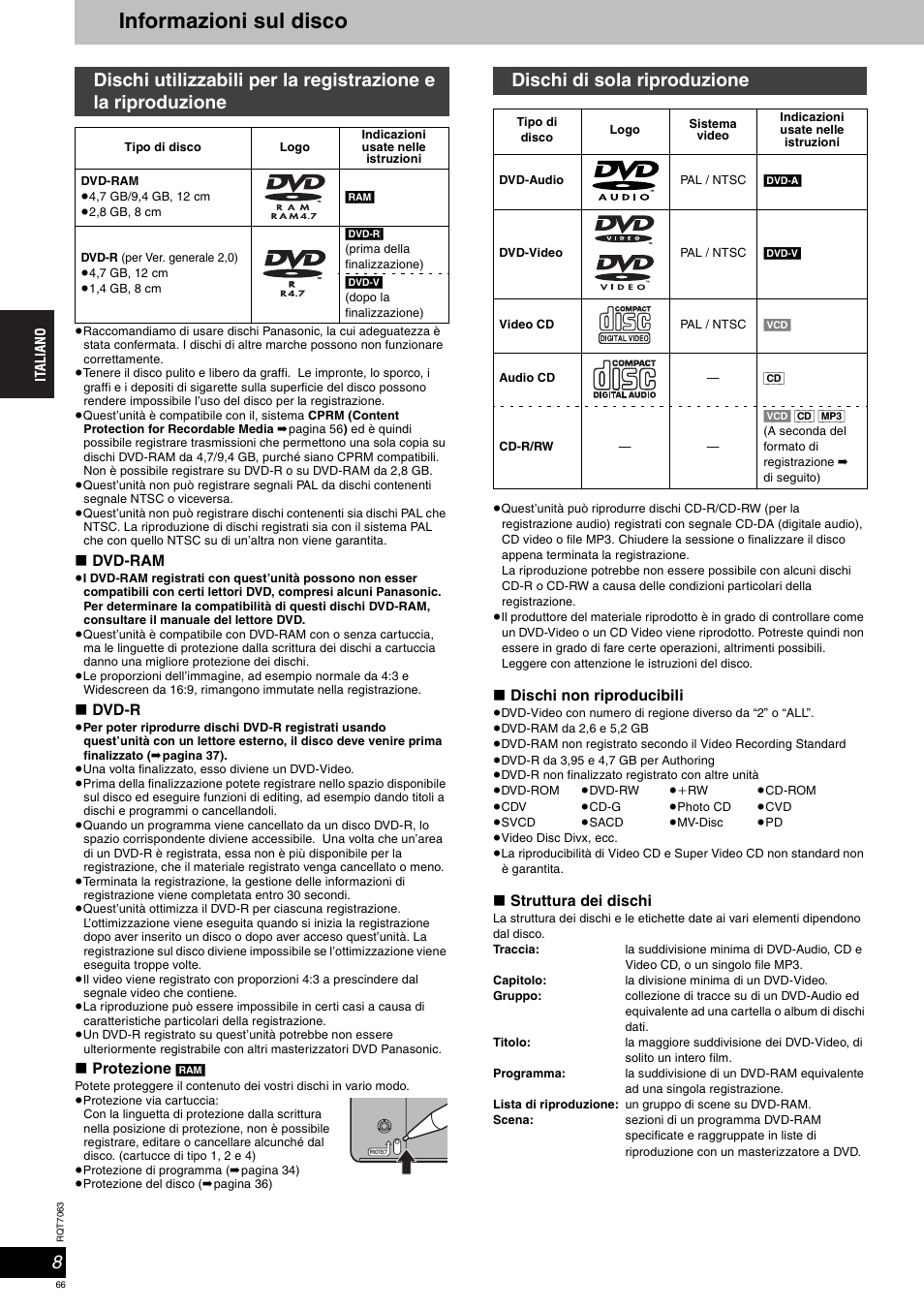 Informazioni sul disco, Dischi di sola riproduzione | Panasonic SCHT1000 User Manual | Page 66 / 176