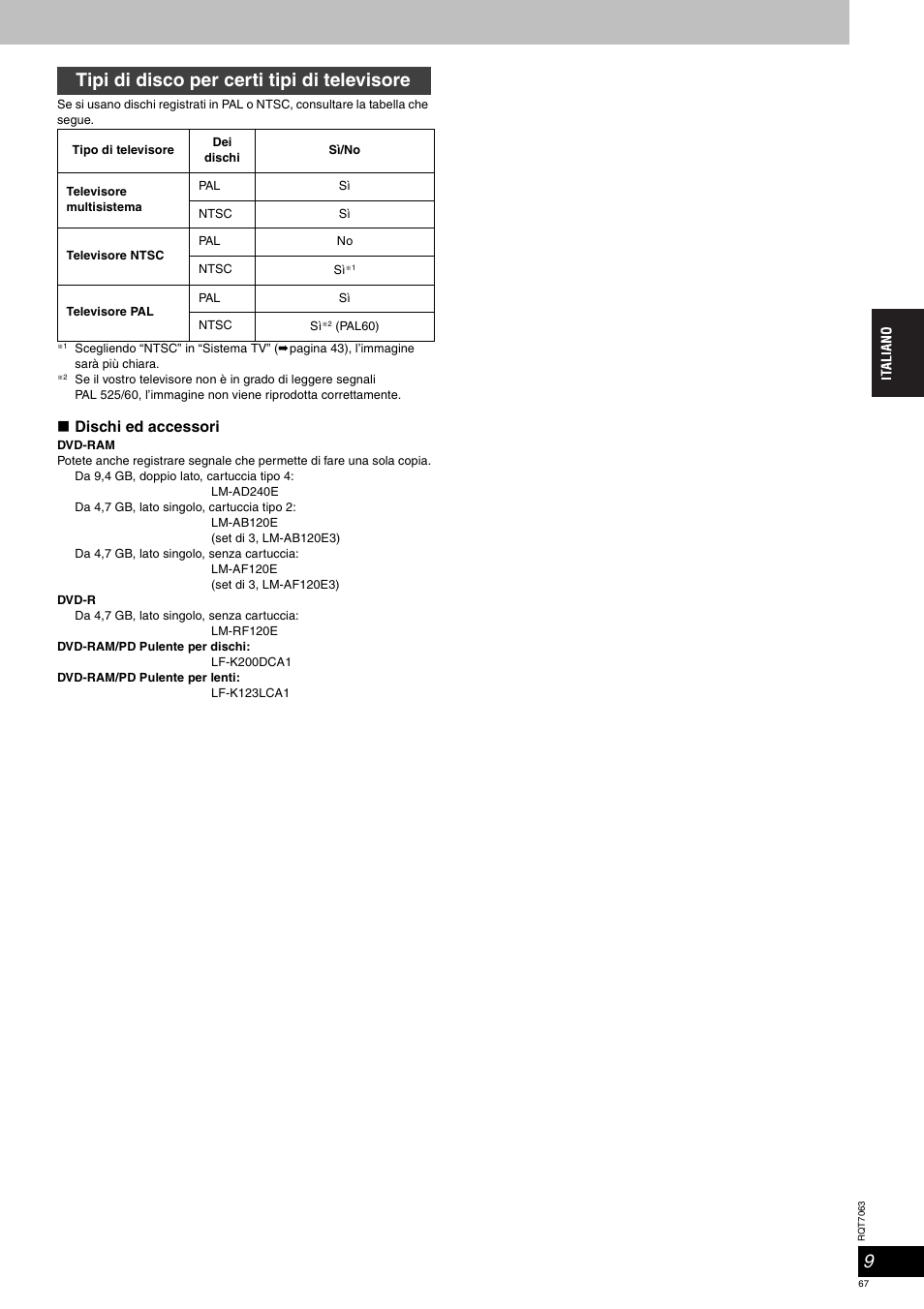 Tipi di disco per certi tipi di televisore, Dischi ed accessori | Panasonic SCHT1000 User Manual | Page 67 / 176