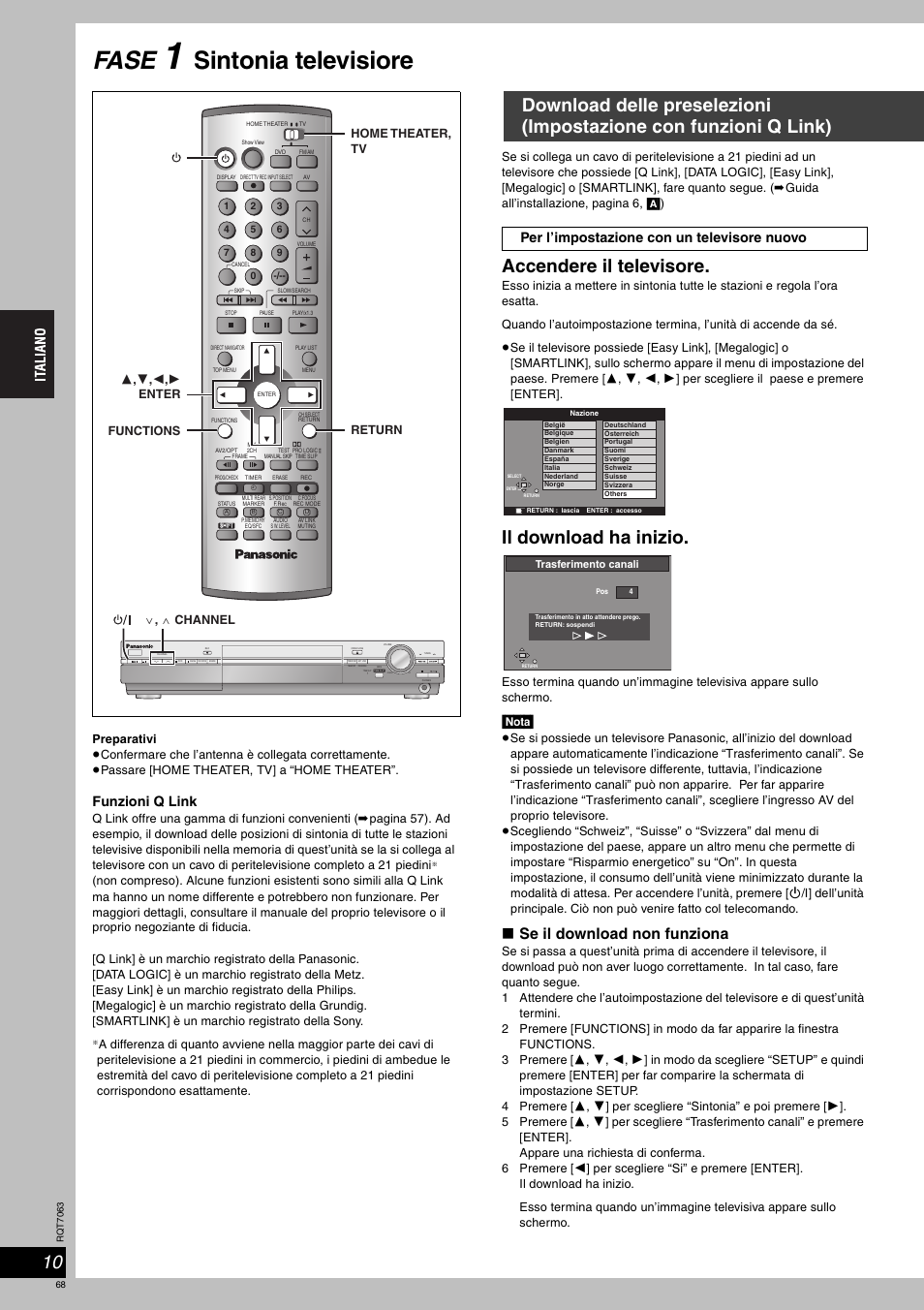 Fase, Sintonia televisiore, Accendere il televisore | Il download ha inizio, Se il download non funziona, Funzioni q link, Nota, Down, Per l’impostazione con un televisore nuovo | Panasonic SCHT1000 User Manual | Page 68 / 176