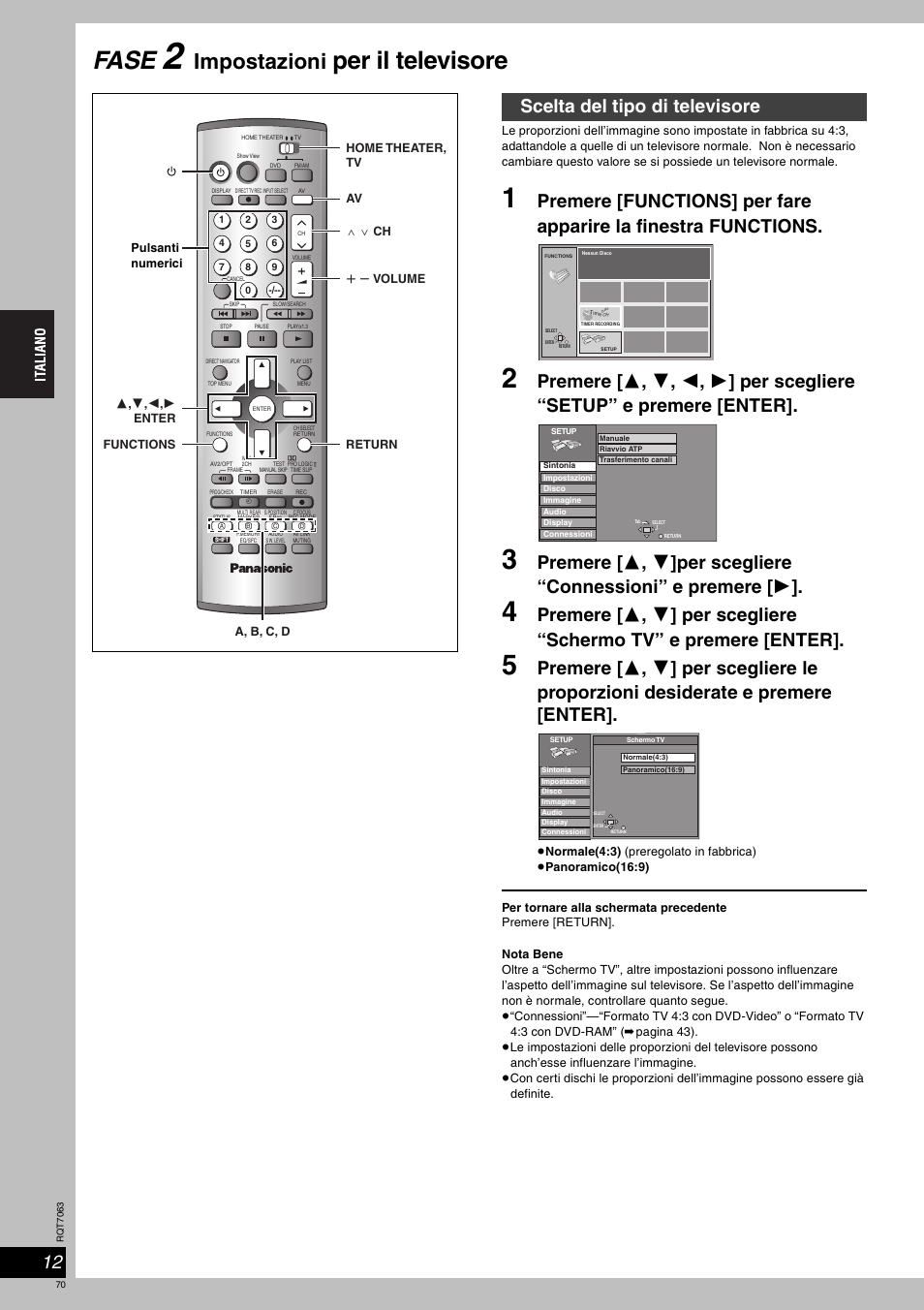 Fase, Per il televisore, Impostazioni | Scelta del tipo di televisore | Panasonic SCHT1000 User Manual | Page 70 / 176