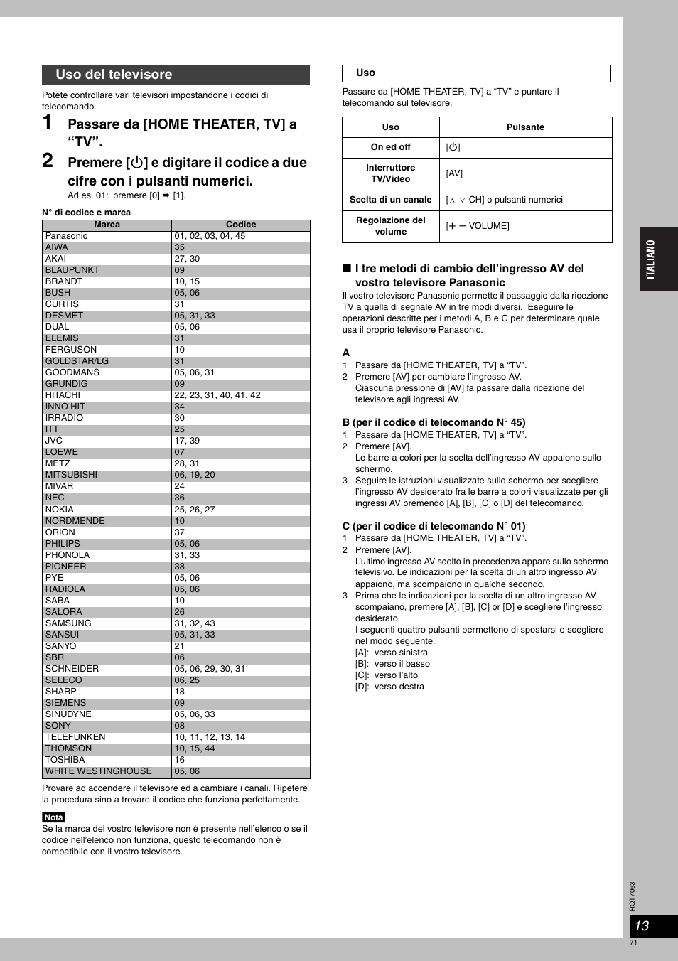 Passare da [home theater, tv] a “tv, Uso del televisore | Panasonic SCHT1000 User Manual | Page 71 / 176