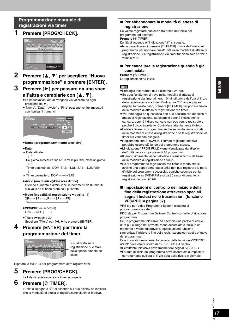Premere [prog/check, Premere [ f timer, Programmazione manuale di registrazioni via timer | Panasonic SCHT1000 User Manual | Page 75 / 176