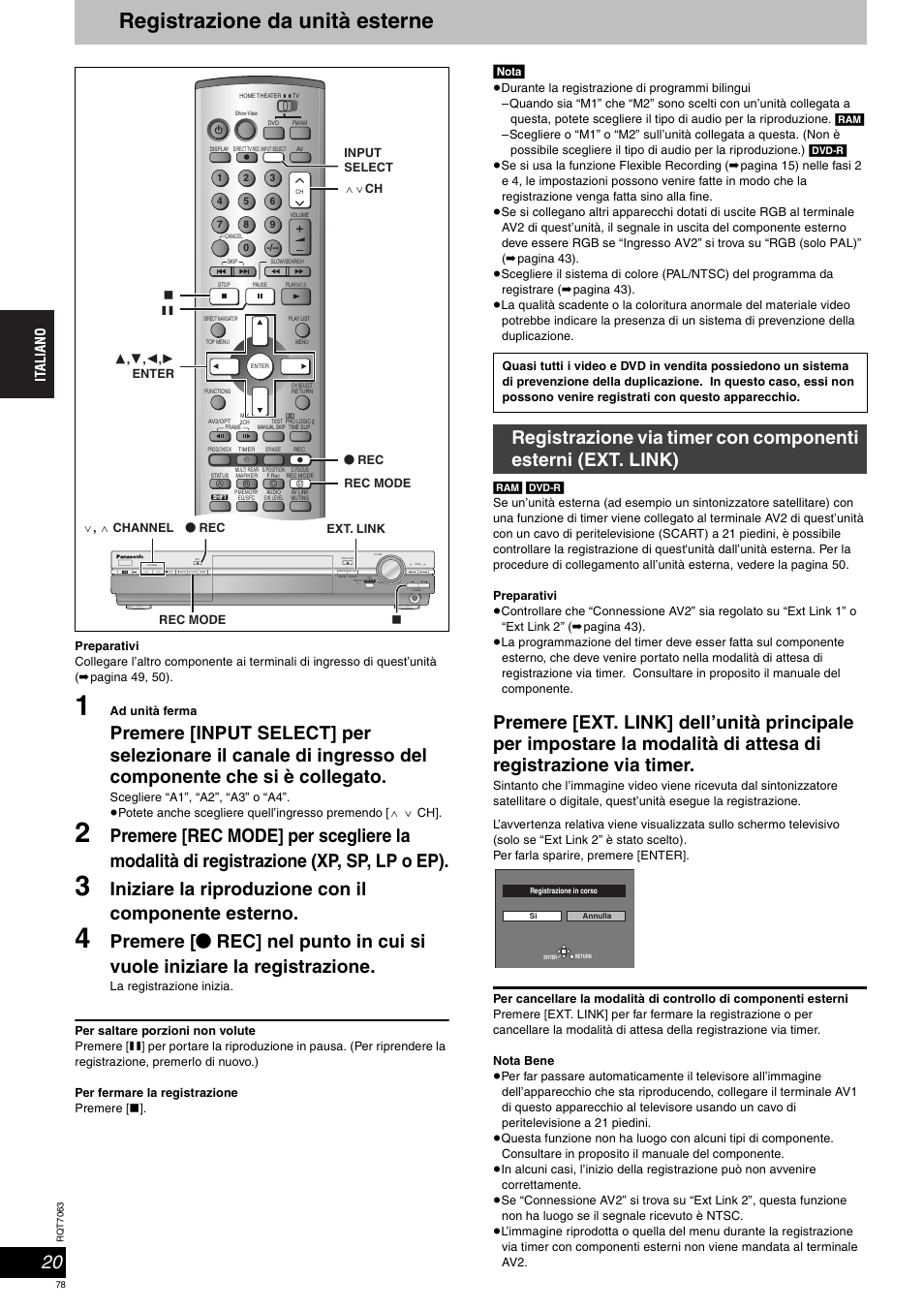 Registrazione da unità esterne, Iniziare la riproduzione con il componente esterno, Nota | Down | Panasonic SCHT1000 User Manual | Page 78 / 176