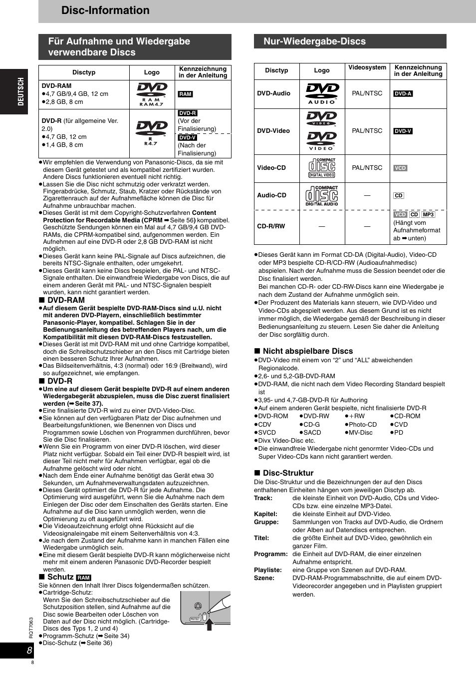 Disc-information, Für aufnahme und wiedergabe verwendbare discs, Nur-wiedergabe-discs | Panasonic SCHT1000 User Manual | Page 8 / 176