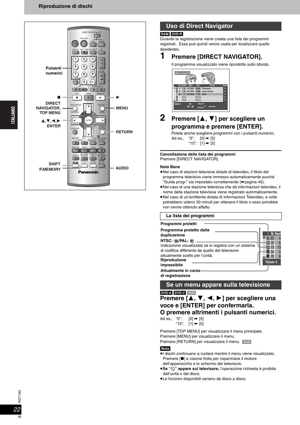 Premere [direct navigator, Uso di direct navigator, Se un menu appare sulla televisione | Riproduzione di dischi, Nota, La lista dei programmi | Panasonic SCHT1000 User Manual | Page 80 / 176